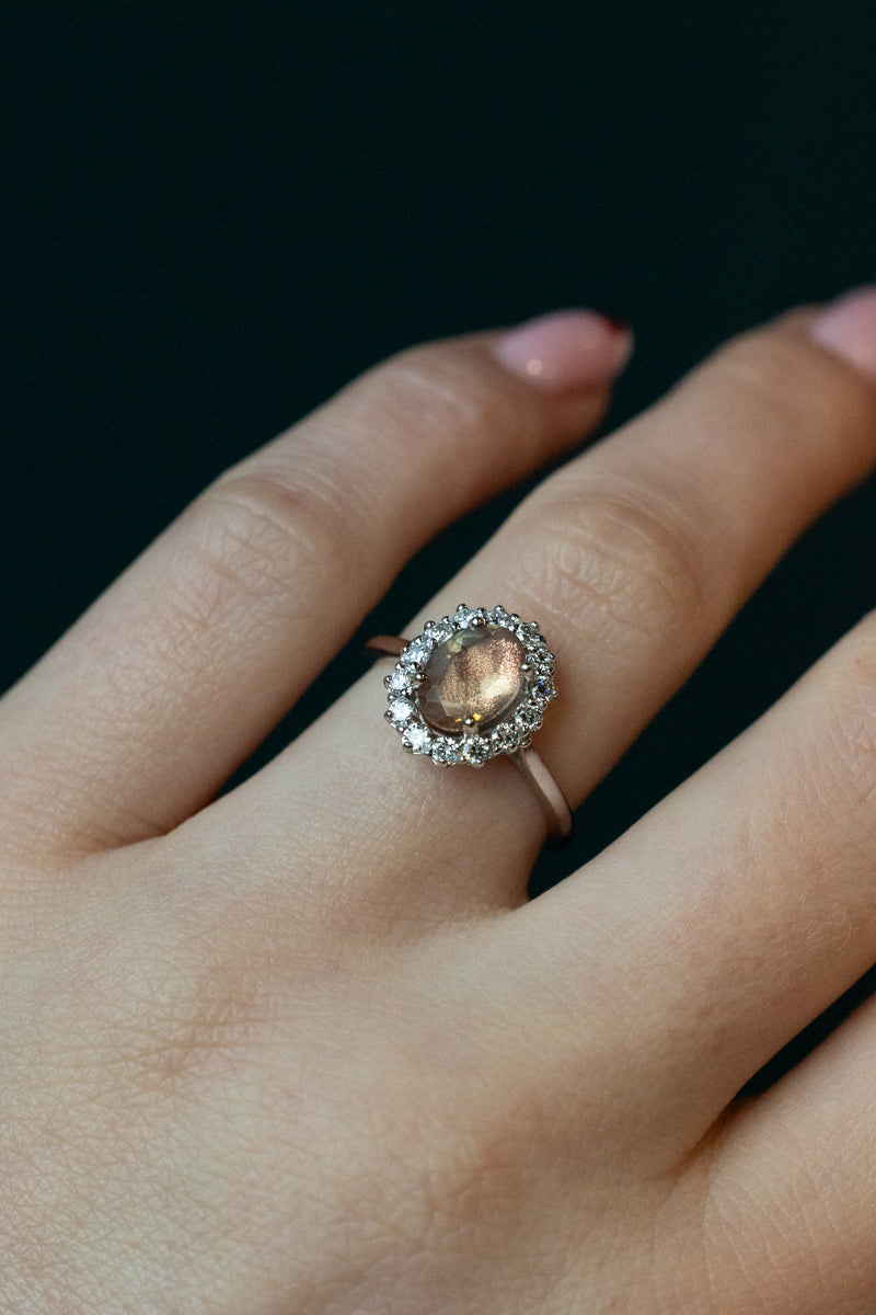 "MALINA" - OVAL OREGON SUNSTONE ENGAGEMENT RING WITH DIAMOND HALO-11