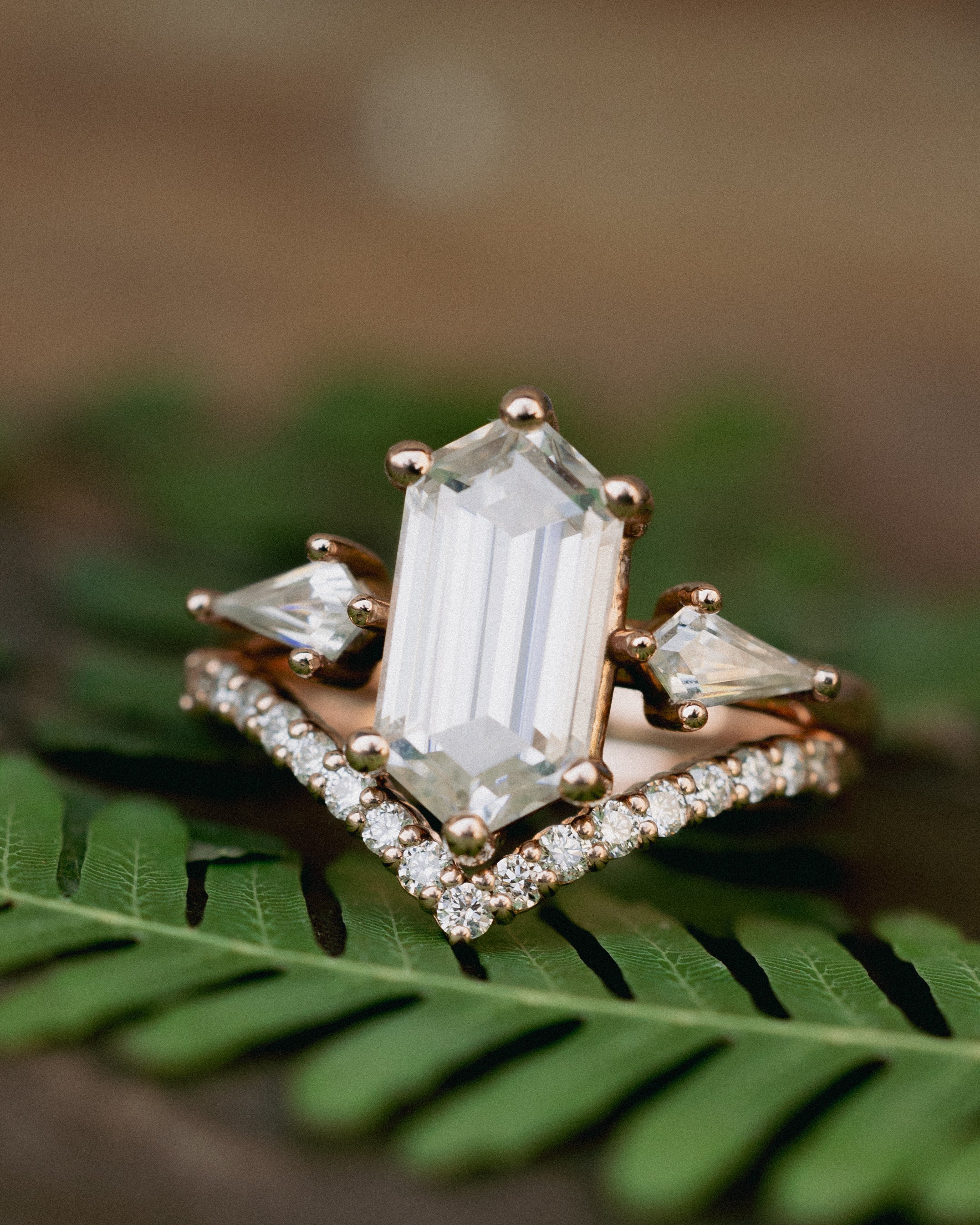 "ISLA" - ELONGATED HEXAGON CUT MOISSANITE ENGAGEMENT RING WITH MOISSANITE ACCENTS & A DIAMOND TRACER-Staghead Designs