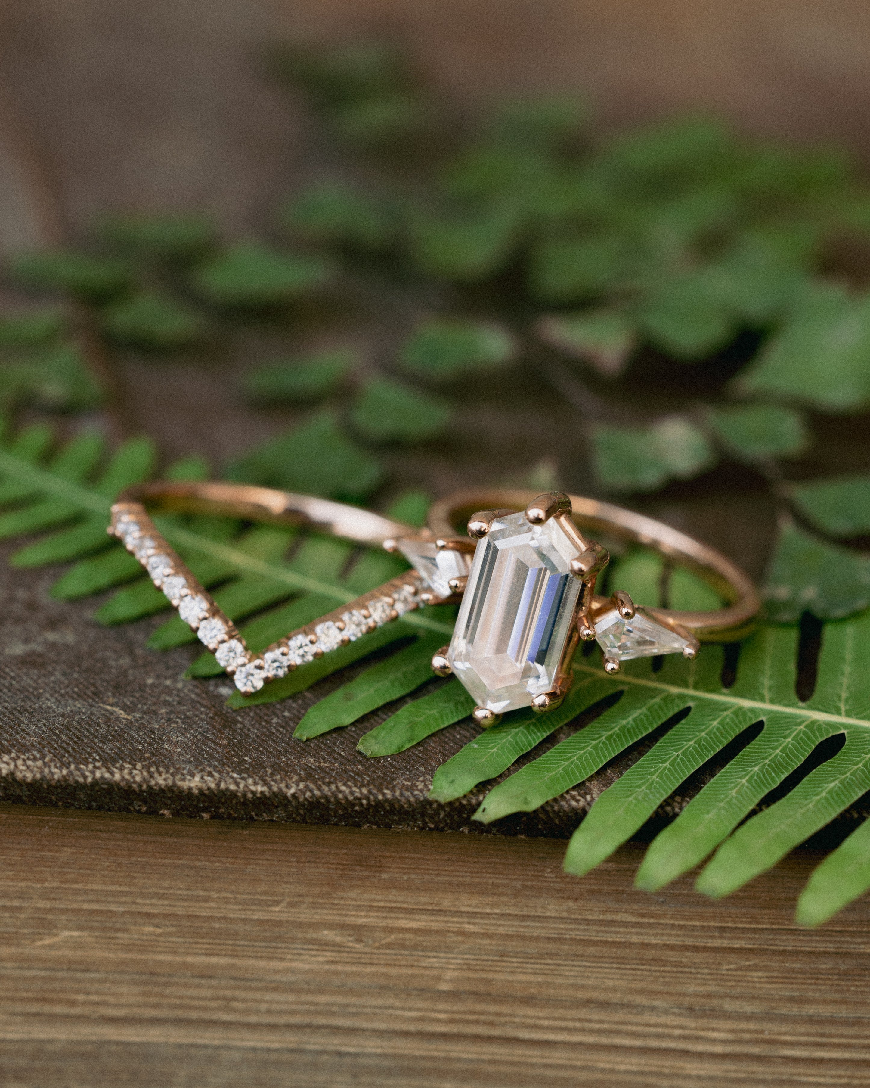 "ISLA" - ELONGATED HEXAGON CUT MOISSANITE ENGAGEMENT RING WITH MOISSANITE ACCENTS & A DIAMOND TRACER-Staghead Designs