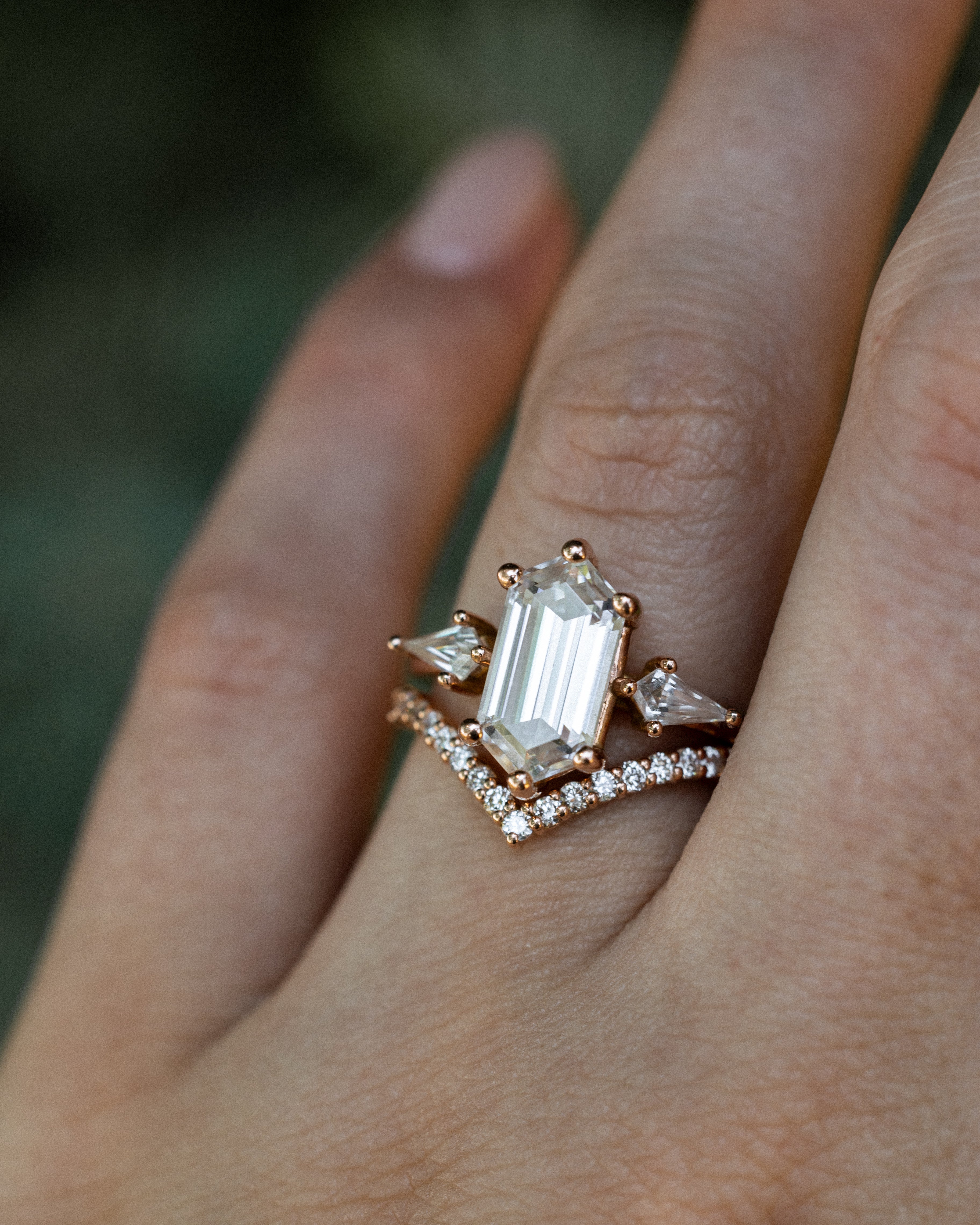 "ISLA" - ELONGATED HEXAGON CUT MOISSANITE ENGAGEMENT RING WITH MOISSANITE ACCENTS & A DIAMOND TRACER-Staghead Designs