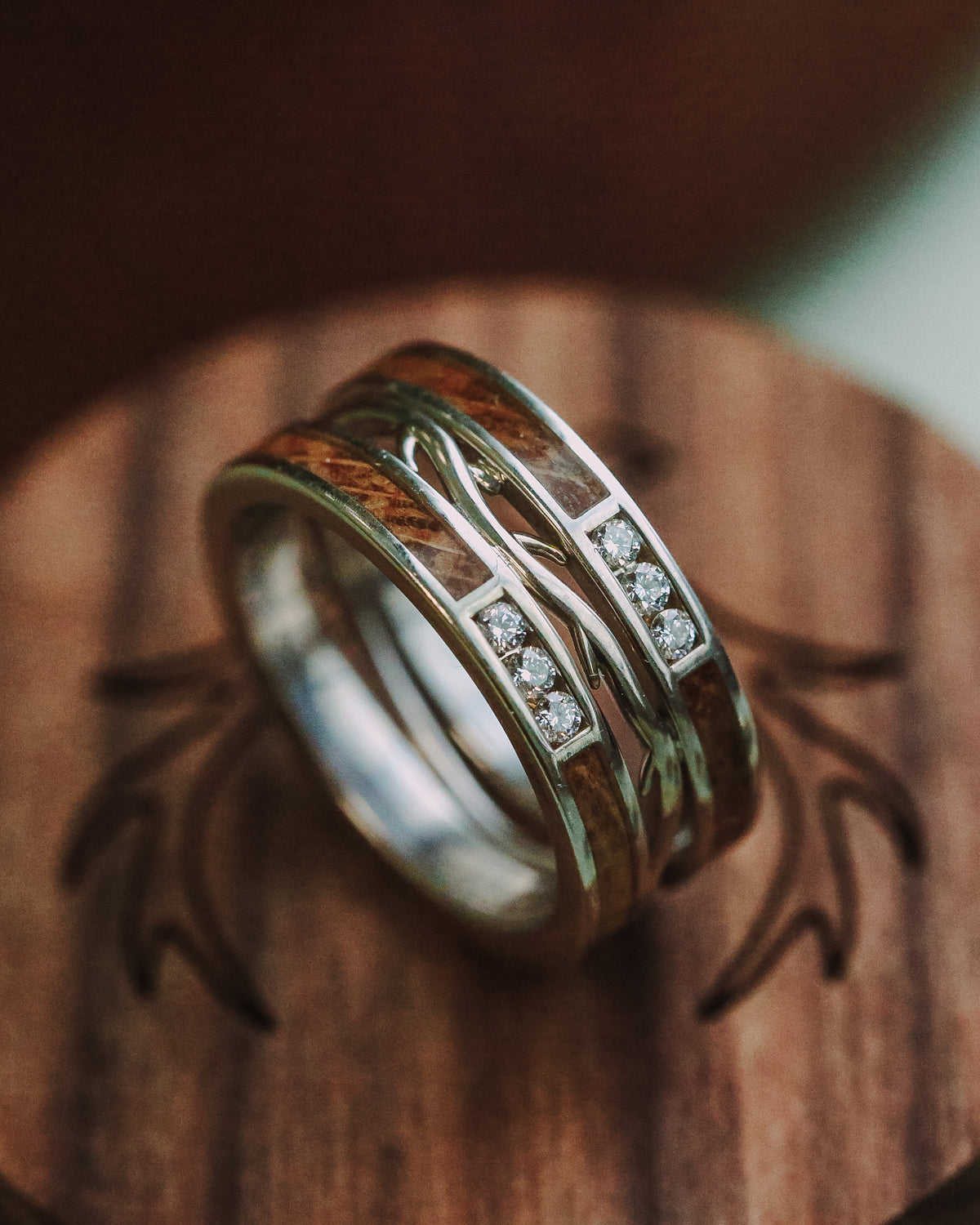 "Artemis" - Whiskey Barrel Oak & Diamond Wedding Ring Featuring A 14K Gold Band-Staghead Designs