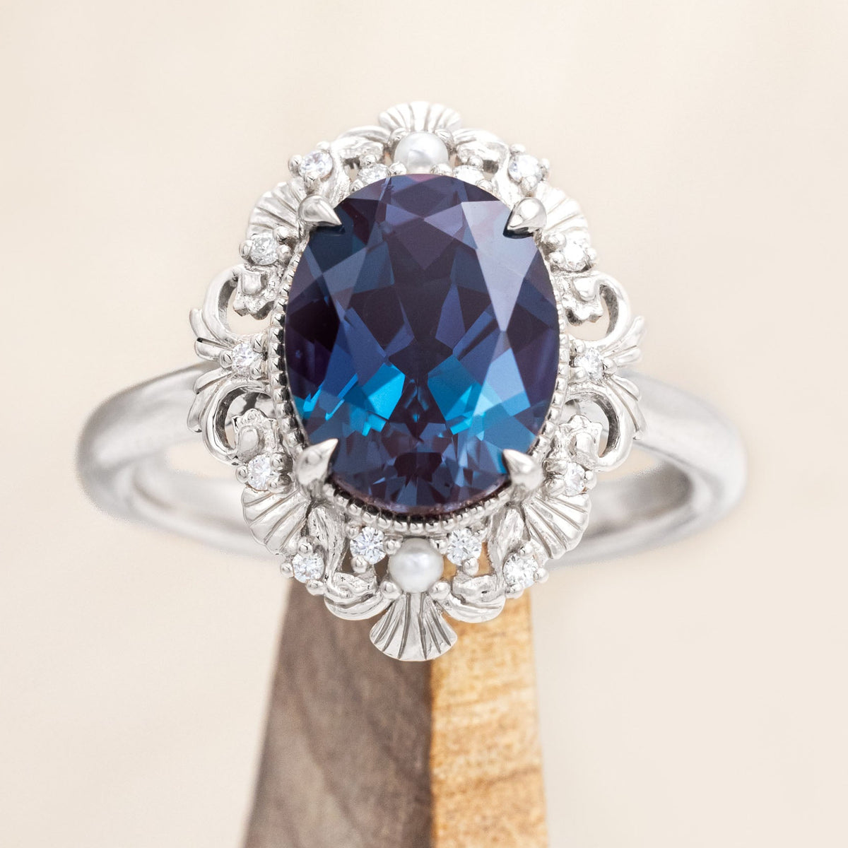 "MERROW" - OVAL CUT ENGAGEMENT RING WITH PEARL ACCENTS AND DIAMOND TRACER-Staghead Designs