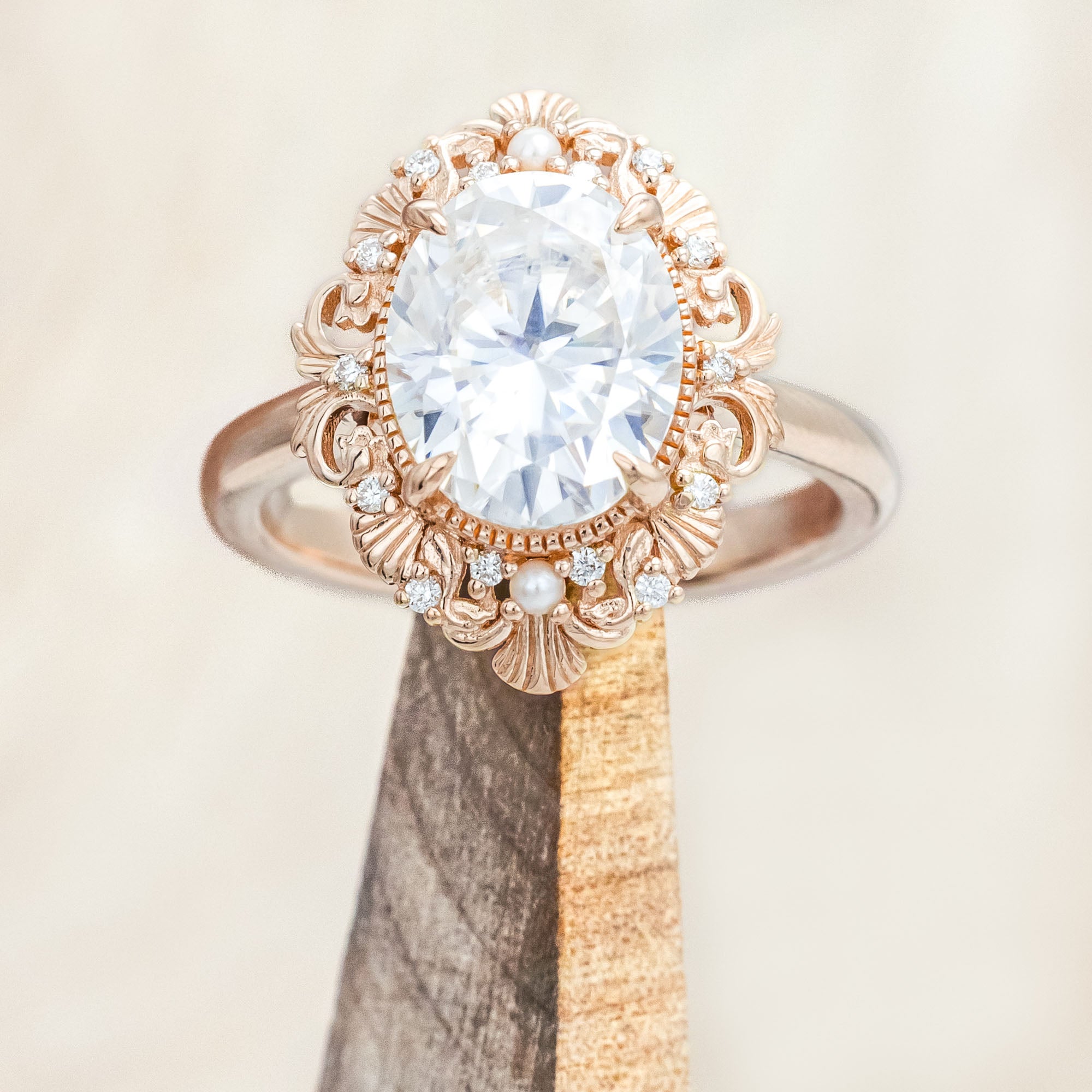 "MERROW" - OVAL CUT ENGAGEMENT RING WITH PEARL ACCENTS AND DIAMOND TRACER-Staghead Designs
