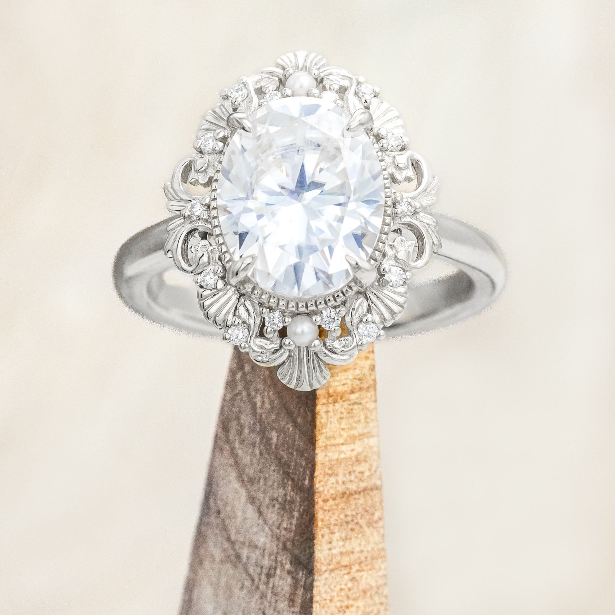 "MERROW" - OVAL CUT ENGAGEMENT RING WITH PEARL ACCENTS AND DIAMOND TRACER-Staghead Designs
