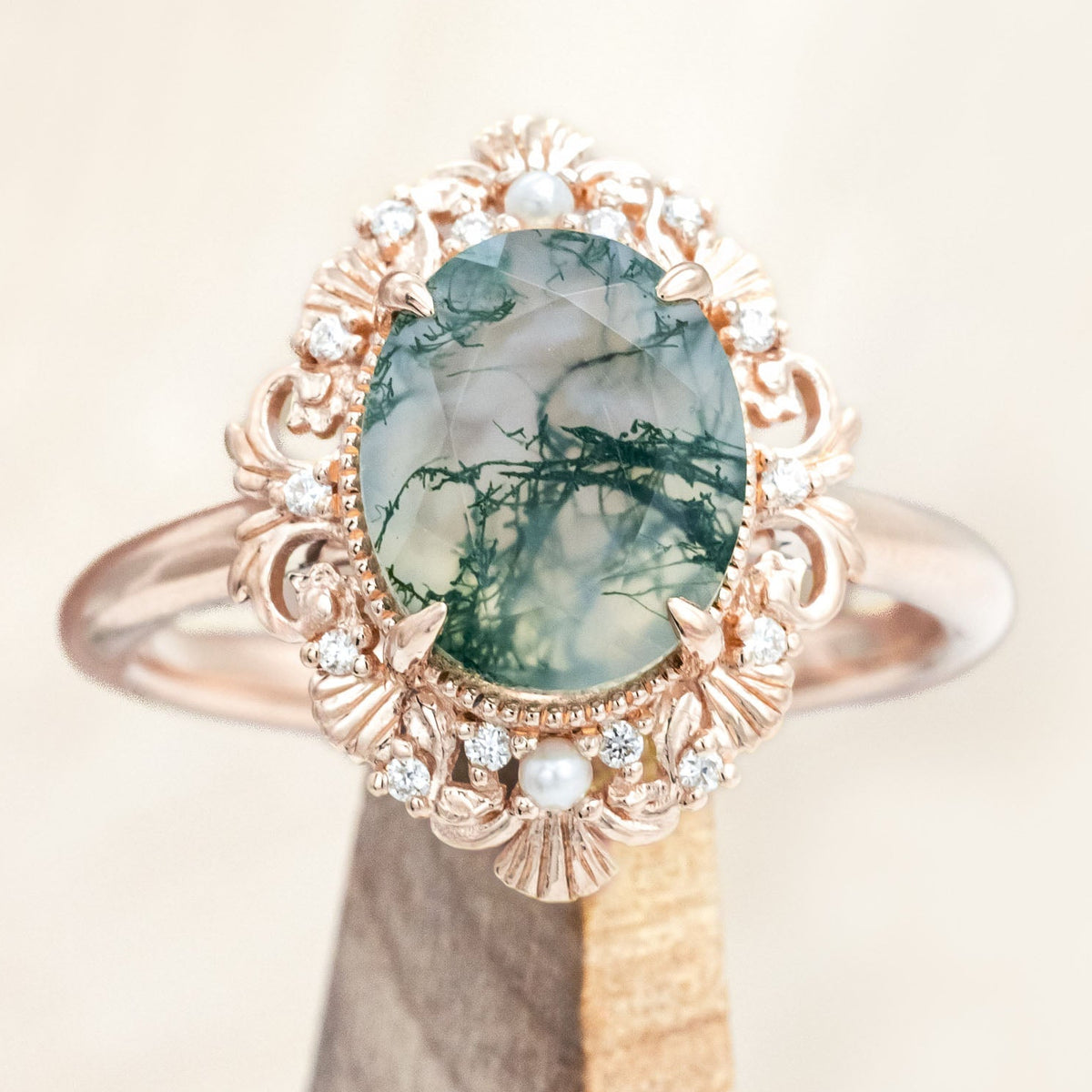 "MERROW" - OVAL CUT ENGAGEMENT RING WITH PEARL ACCENTS AND DIAMOND TRACER-Staghead Designs