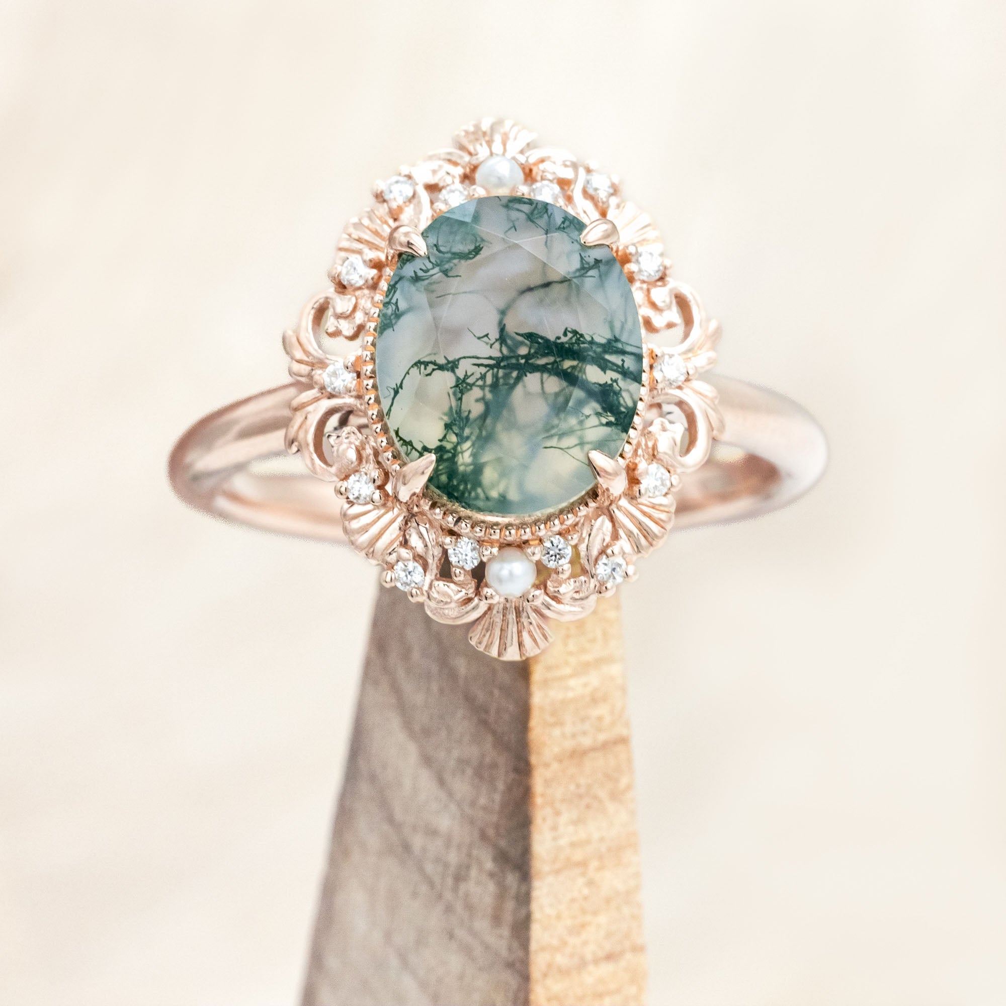 "MERROW" - OVAL CUT ENGAGEMENT RING WITH PEARL ACCENTS AND DIAMOND TRACER-Staghead Designs