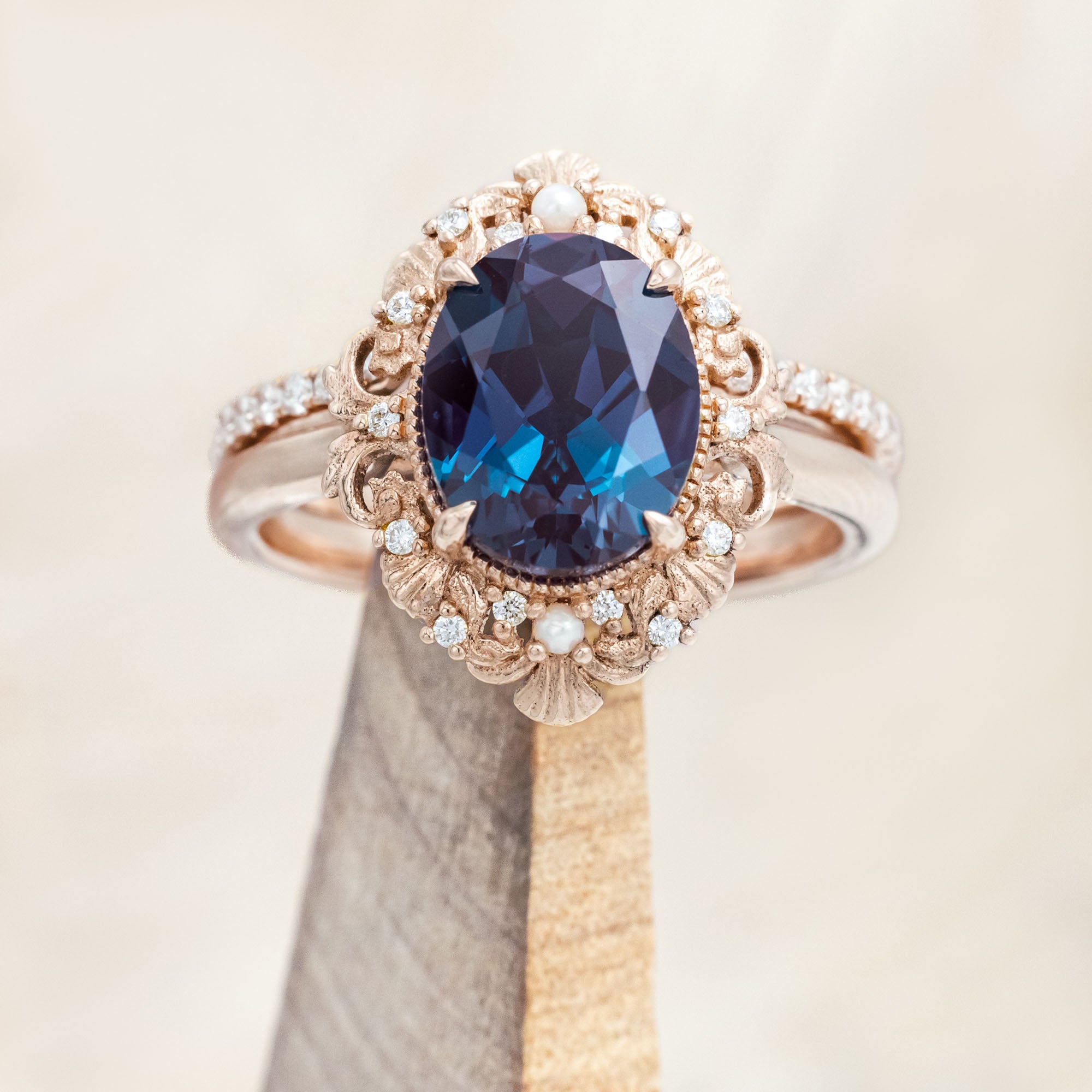 "MERROW" - OVAL CUT ENGAGEMENT RING WITH PEARL ACCENTS AND DIAMOND TRACER-Staghead Designs