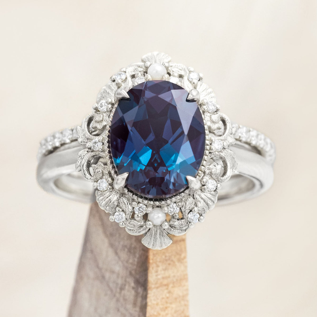 "MERROW" - OVAL CUT ENGAGEMENT RING WITH PEARL ACCENTS AND DIAMOND TRACER-Staghead Designs