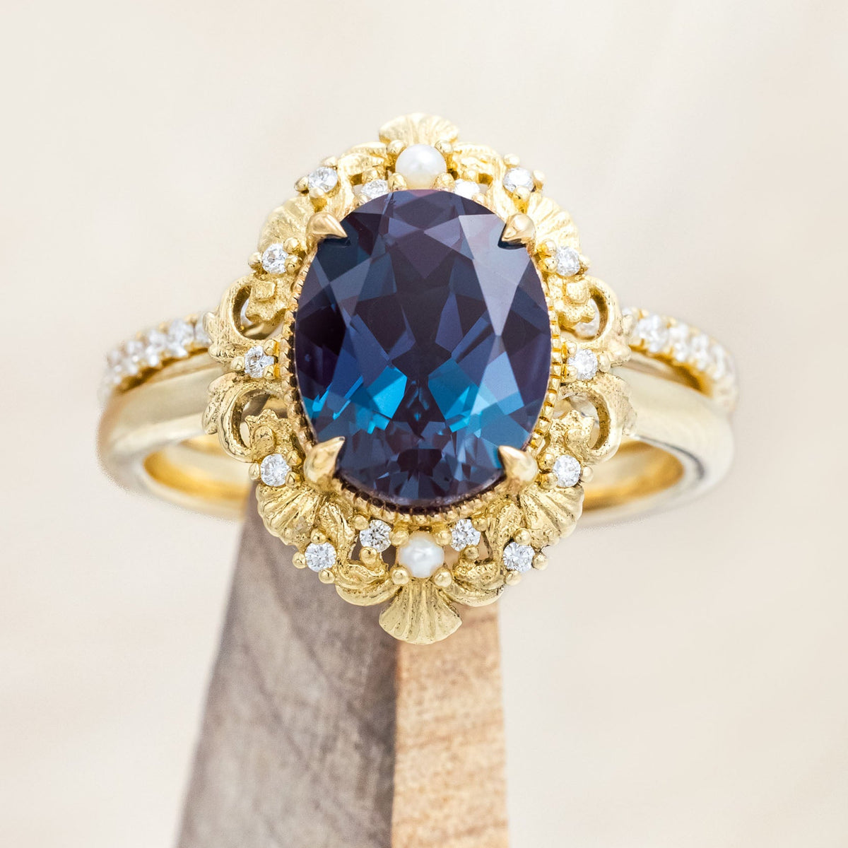 "MERROW" - OVAL CUT ENGAGEMENT RING WITH PEARL ACCENTS AND DIAMOND TRACER-Staghead Designs