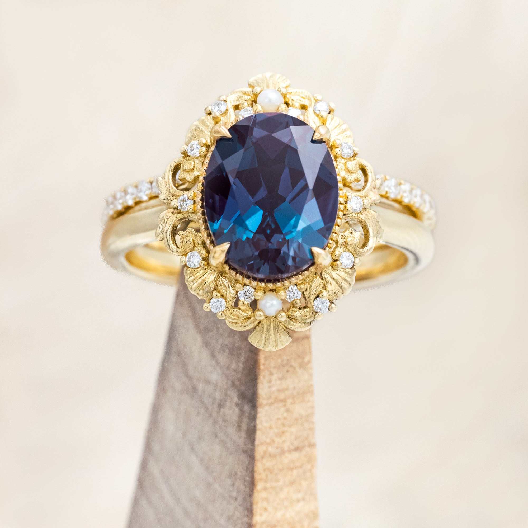 "MERROW" - OVAL CUT ENGAGEMENT RING WITH PEARL ACCENTS AND DIAMOND TRACER-Staghead Designs