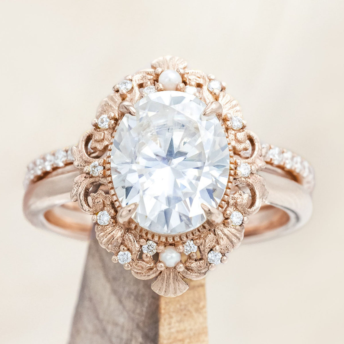 "MERROW" - OVAL CUT ENGAGEMENT RING WITH PEARL ACCENTS AND DIAMOND TRACER-Staghead Designs