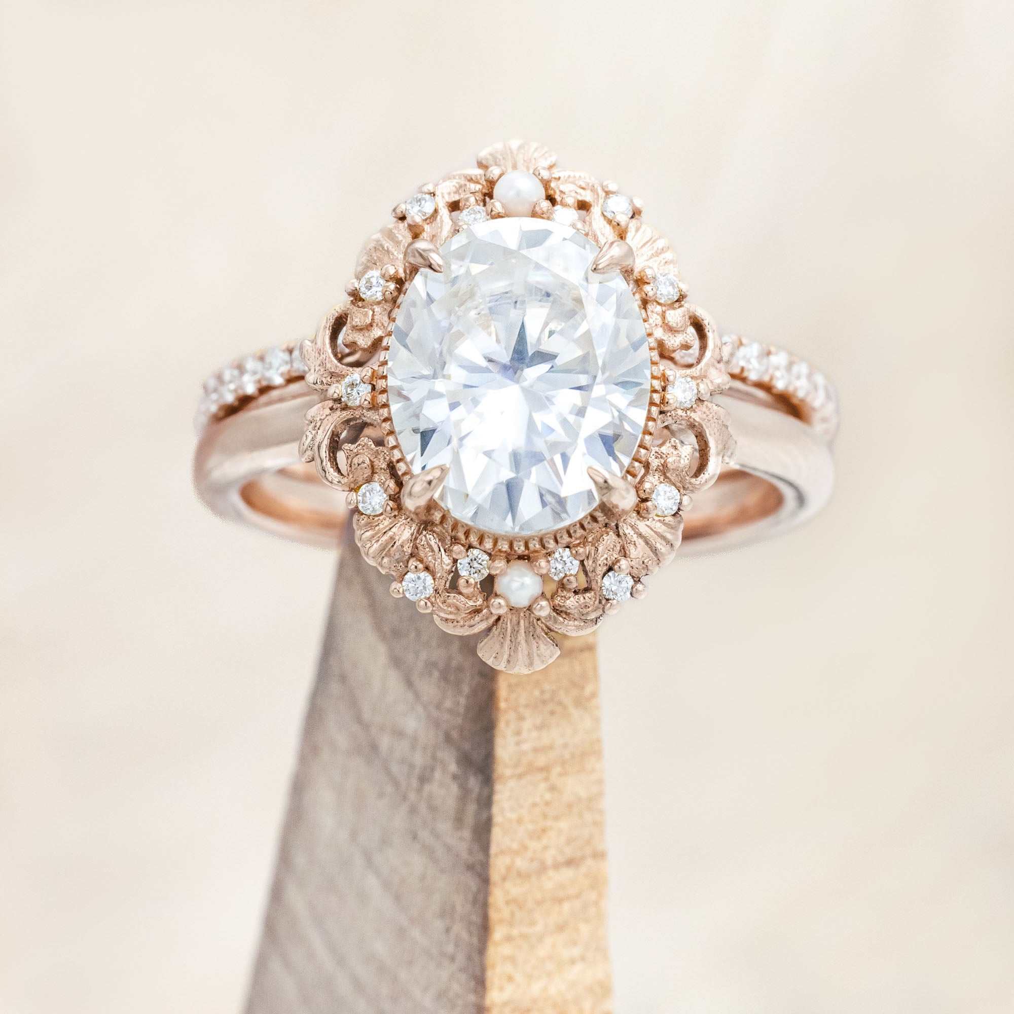 "MERROW" - OVAL CUT ENGAGEMENT RING WITH PEARL ACCENTS AND DIAMOND TRACER-Staghead Designs