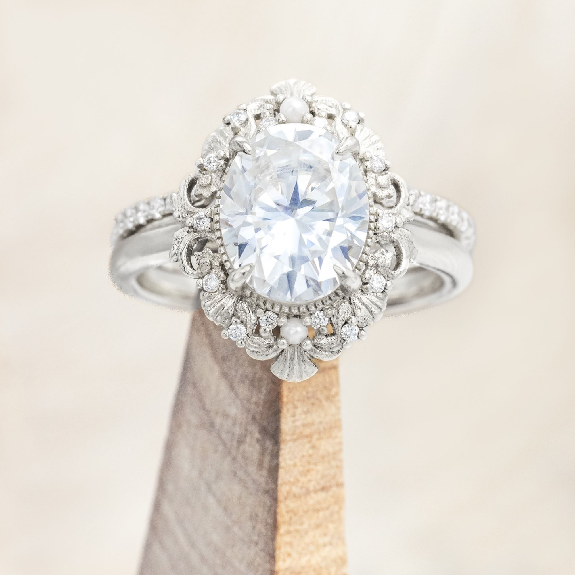 "MERROW" - OVAL CUT ENGAGEMENT RING WITH PEARL ACCENTS AND DIAMOND TRACER-Staghead Designs