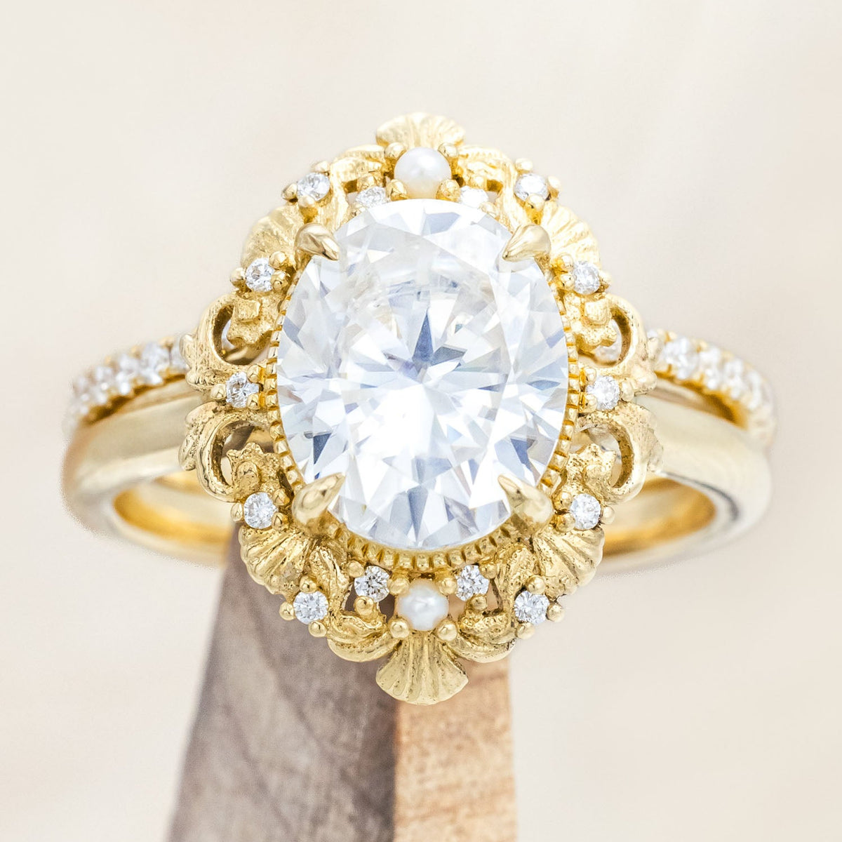 "MERROW" - OVAL CUT ENGAGEMENT RING WITH PEARL ACCENTS AND DIAMOND TRACER-Staghead Designs