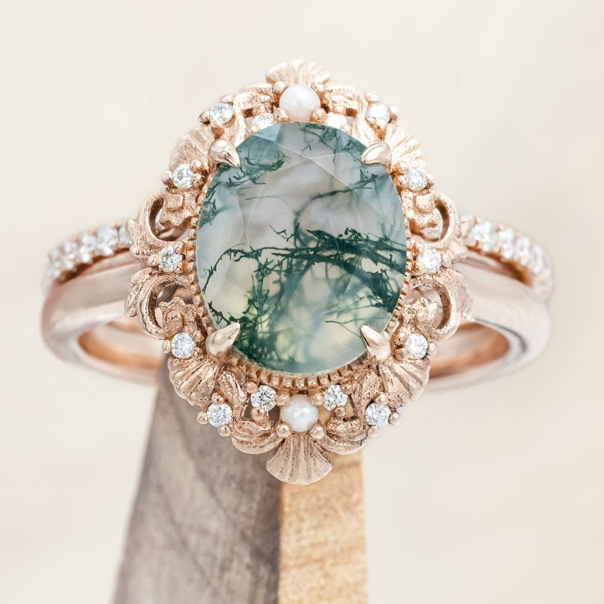 "MERROW" - OVAL CUT ENGAGEMENT RING WITH PEARL ACCENTS AND DIAMOND TRACER-Staghead Designs