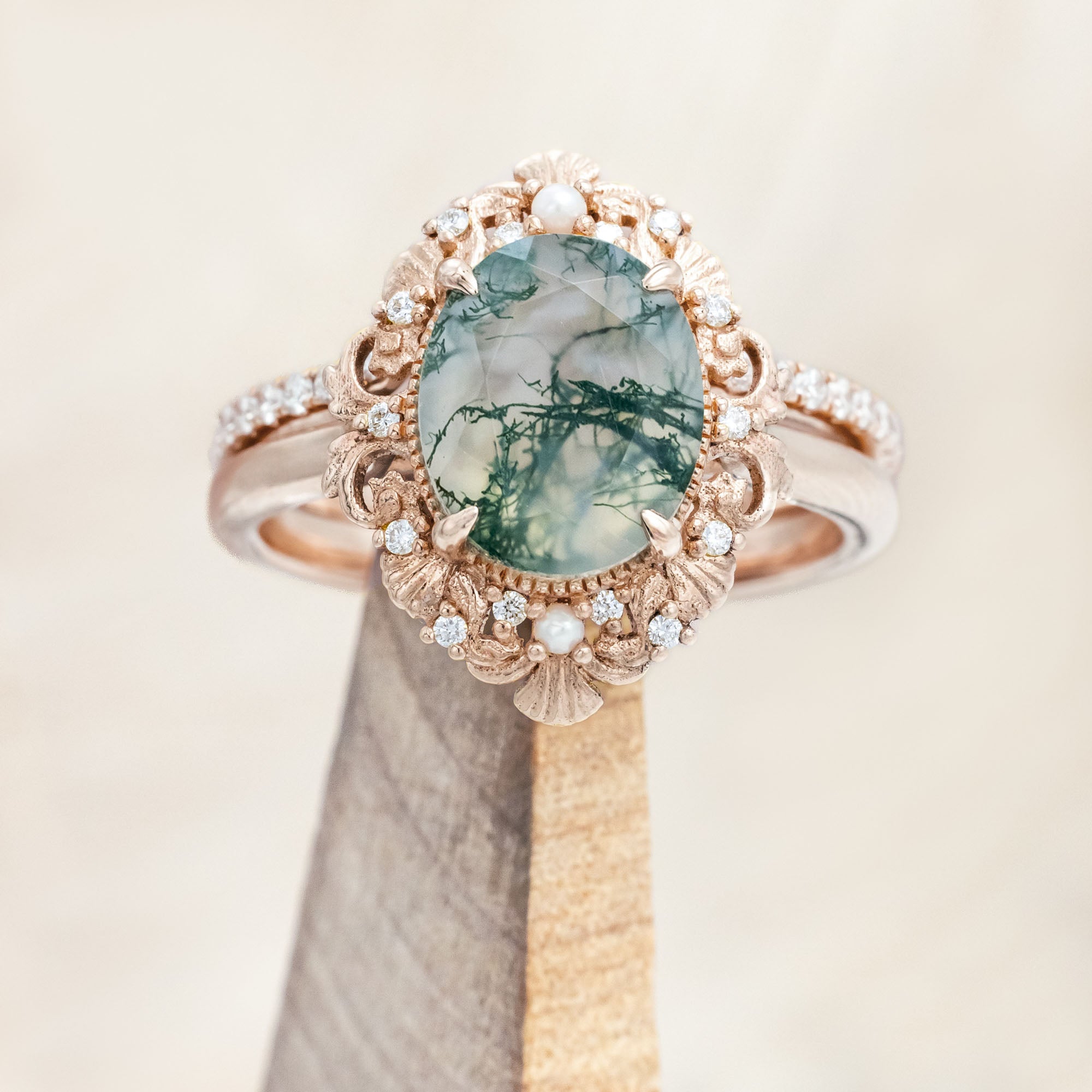 "MERROW" - OVAL CUT ENGAGEMENT RING WITH PEARL ACCENTS AND DIAMOND TRACER-Staghead Designs