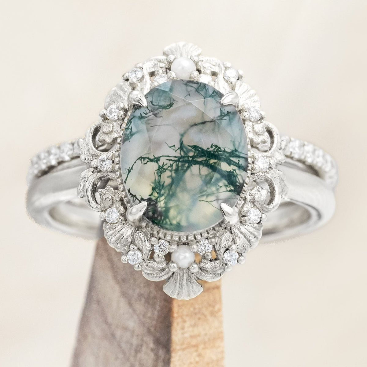 "MERROW" - OVAL CUT ENGAGEMENT RING WITH PEARL ACCENTS AND DIAMOND TRACER-Staghead Designs