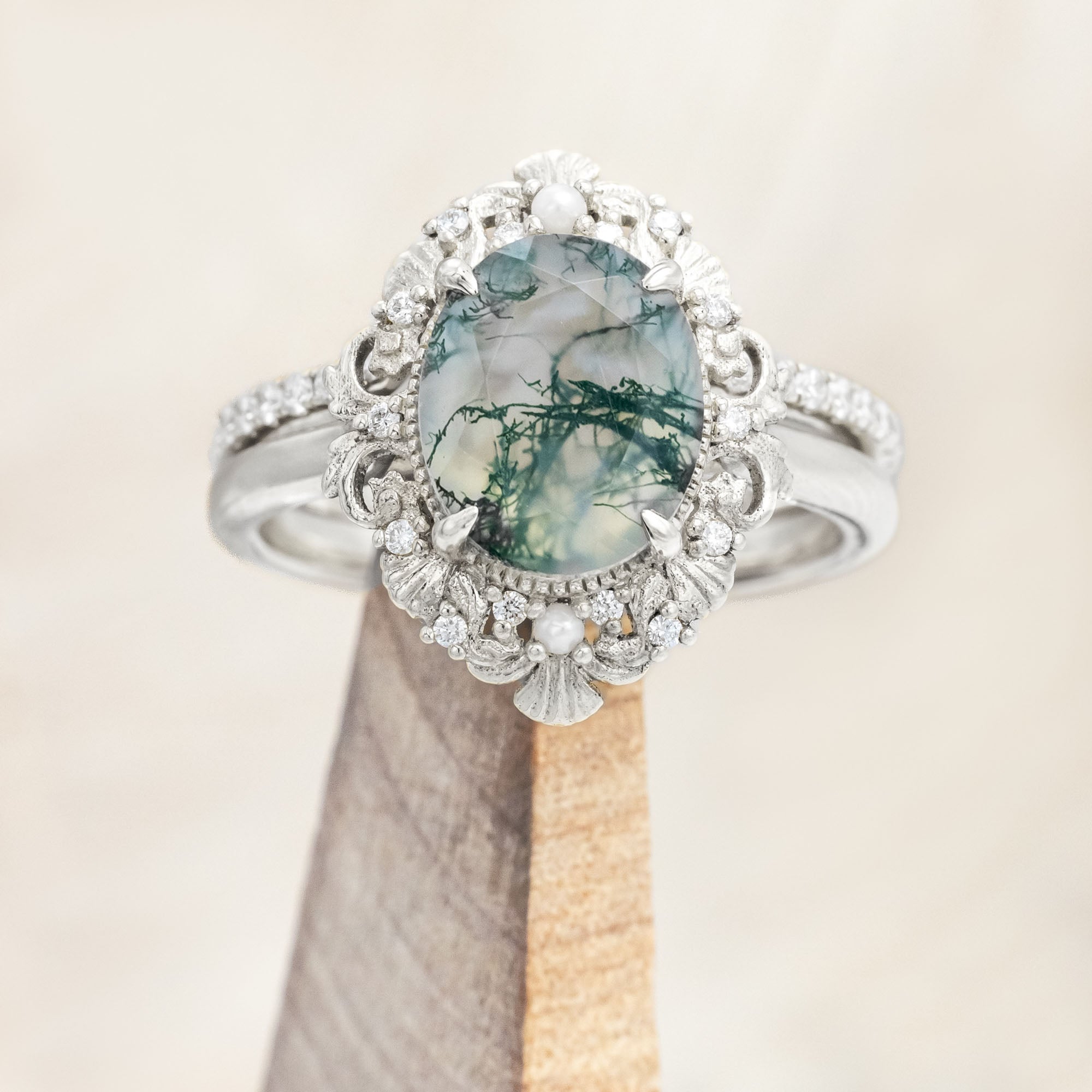 "MERROW" - OVAL CUT ENGAGEMENT RING WITH PEARL ACCENTS AND DIAMOND TRACER-Staghead Designs