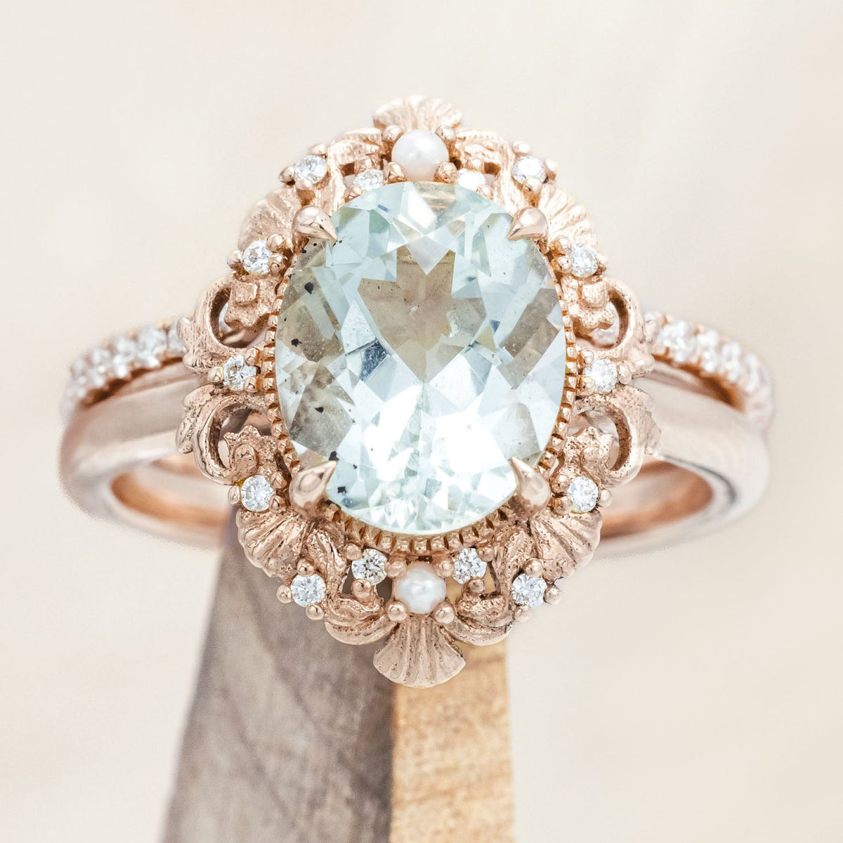 "MERROW" - OVAL CUT ENGAGEMENT RING WITH PEARL ACCENTS AND DIAMOND TRACER-Staghead Designs