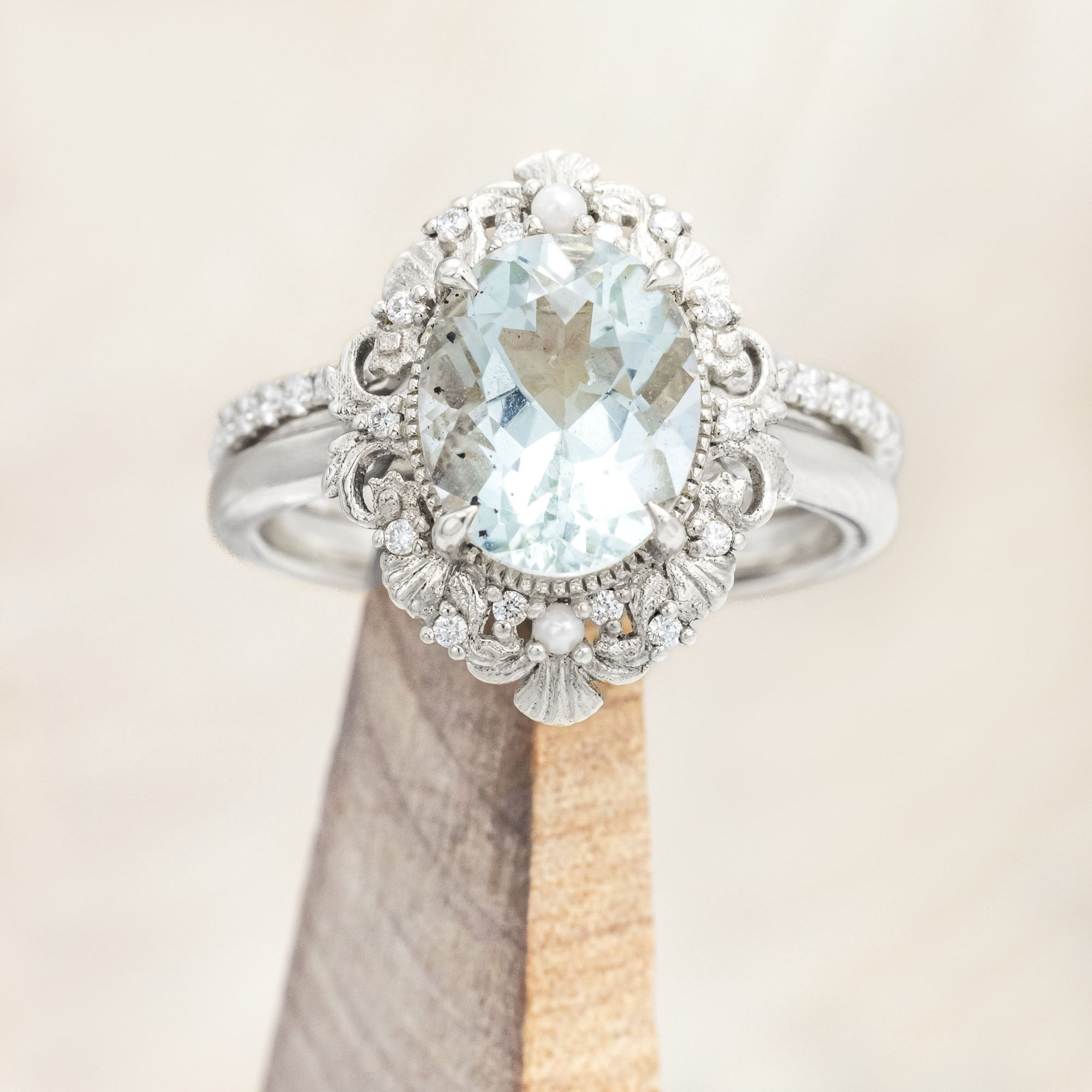"MERROW" - OVAL CUT ENGAGEMENT RING WITH PEARL ACCENTS AND DIAMOND TRACER-Staghead Designs