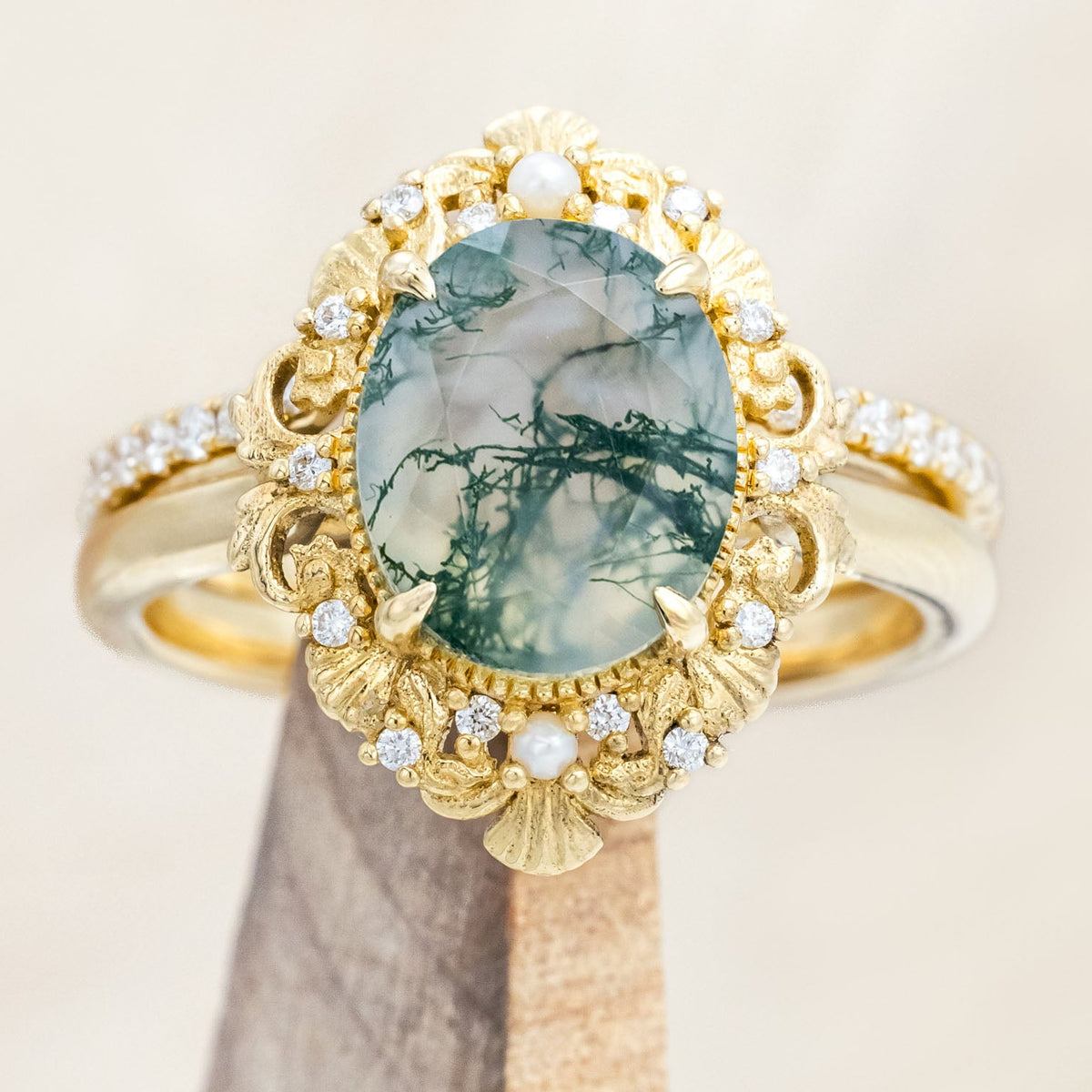 "MERROW" - OVAL CUT ENGAGEMENT RING WITH PEARL ACCENTS AND DIAMOND TRACER-Staghead Designs