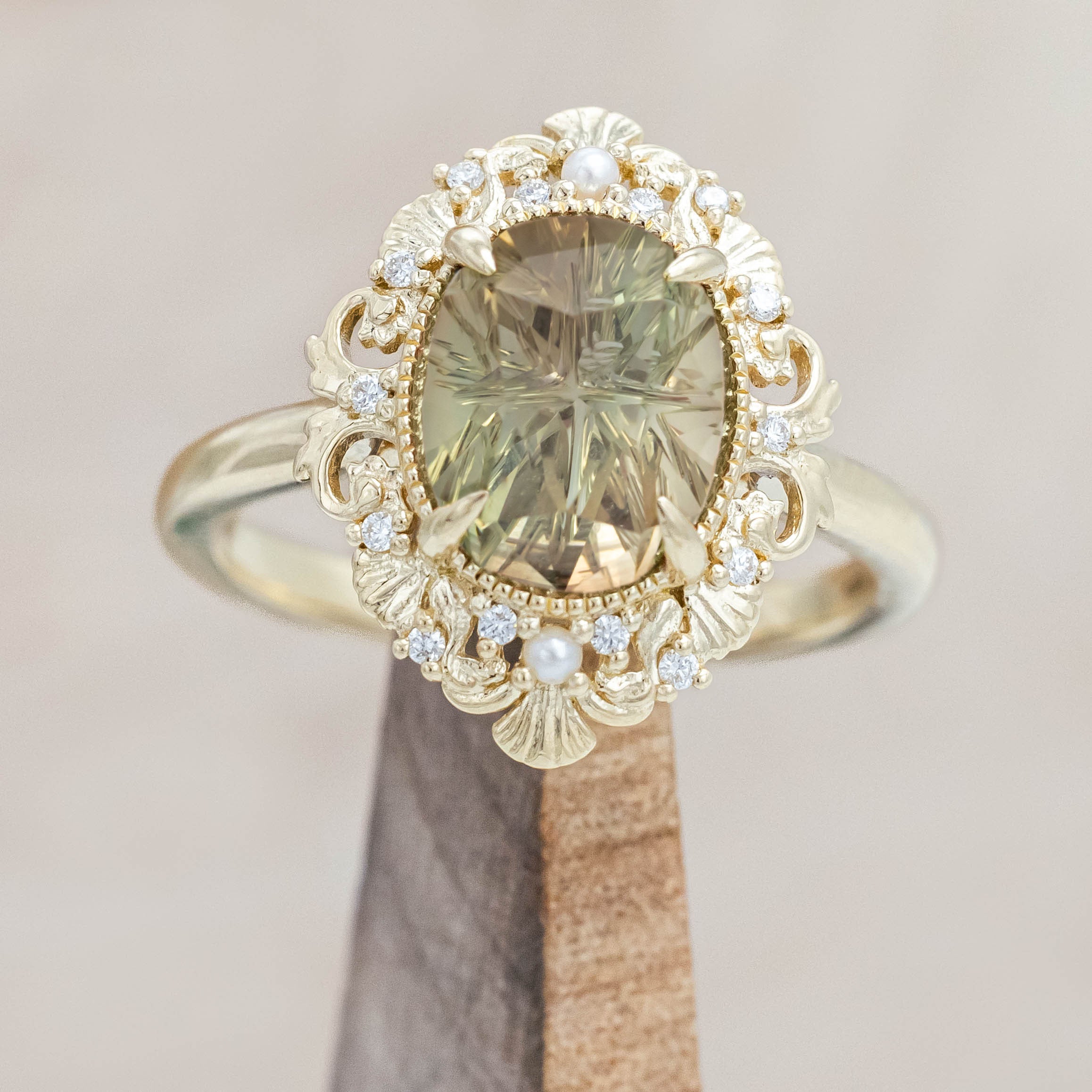 SELECT YOUR OWN OREGON SUNSTONE - "MERROW" - OVAL FOUR-DIRECTIONS CUT ENGAGEMENT RING WITH DIAMOND & PEARL ACCENTS-Staghead Designs