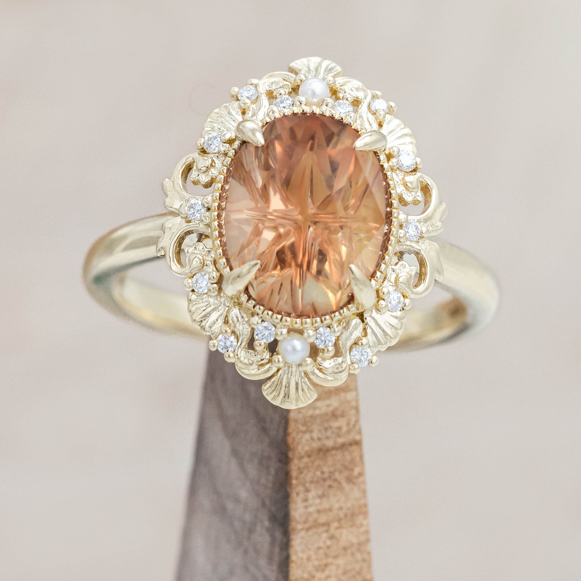 SELECT YOUR OWN OREGON SUNSTONE - "MERROW" - OVAL FOUR-DIRECTIONS CUT ENGAGEMENT RING WITH DIAMOND & PEARL ACCENTS-Staghead Designs