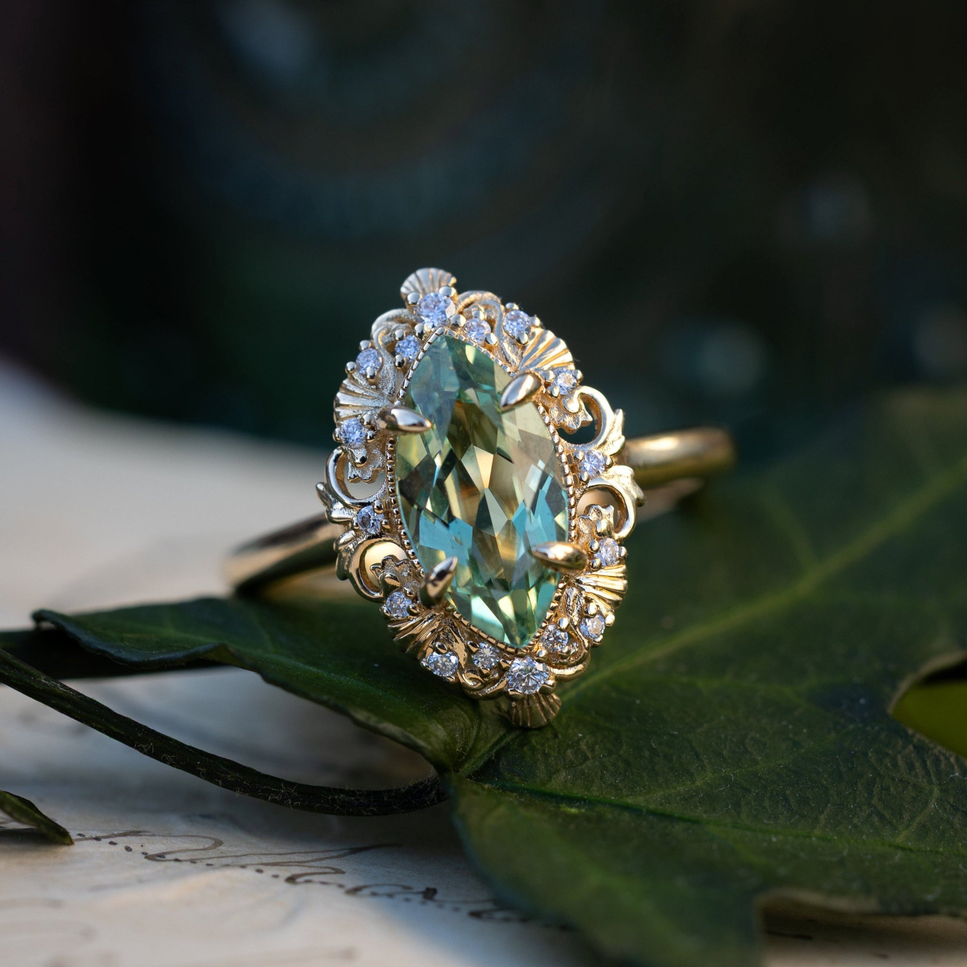 "MERROW" - MARQUISE CUT LAB-GROWN GREEN SAPPHIRE ENGAGEMENT RING WITH DIAMOND ACCENTS-Staghead Designs