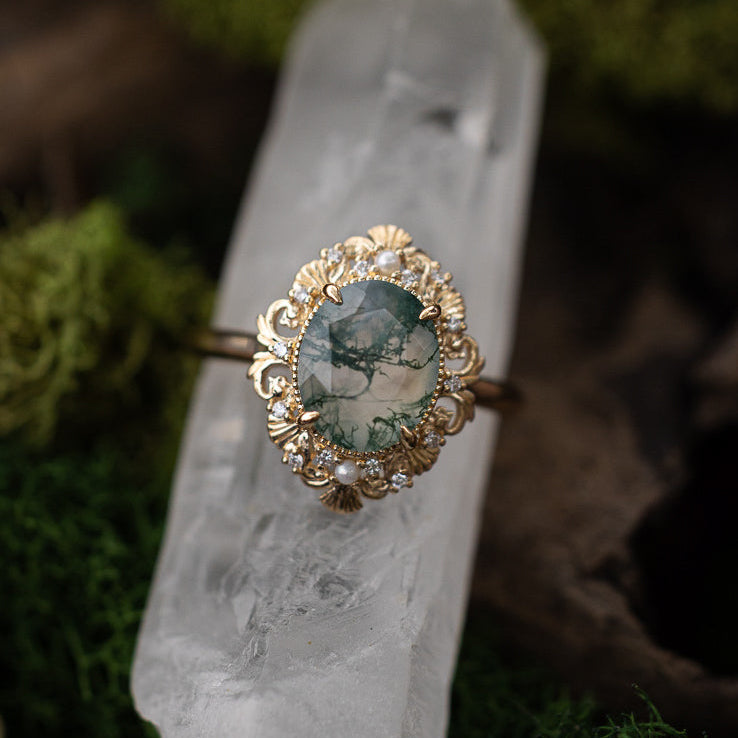 "MERROW" - OVAL CUT ENGAGEMENT RING WITH PEARL ACCENTS AND DIAMOND TRACER-Staghead Designs