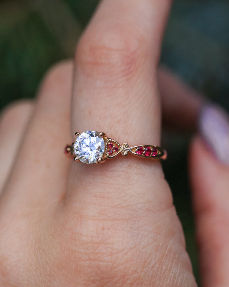 ROUND CUT MOISSANITE ENGAGEMENT RING WITH GENUINE RUBY ACCENTS-10