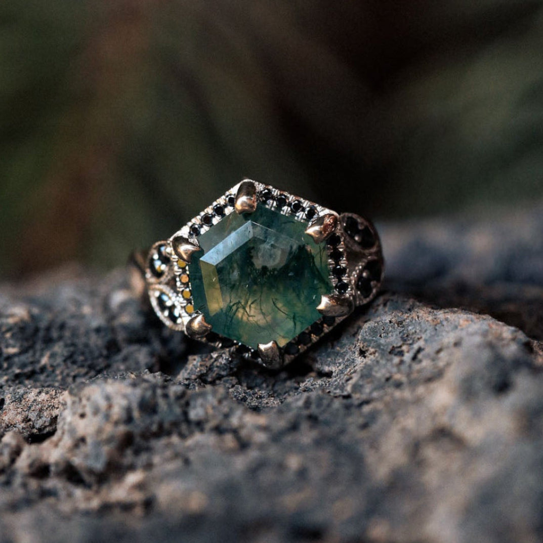 "Lucy In The Sky" - Hexagon Cut Moss Agate Engagement Ring With Black Diamonds And Fire & Ice Opal Inlays-Staghead Designs