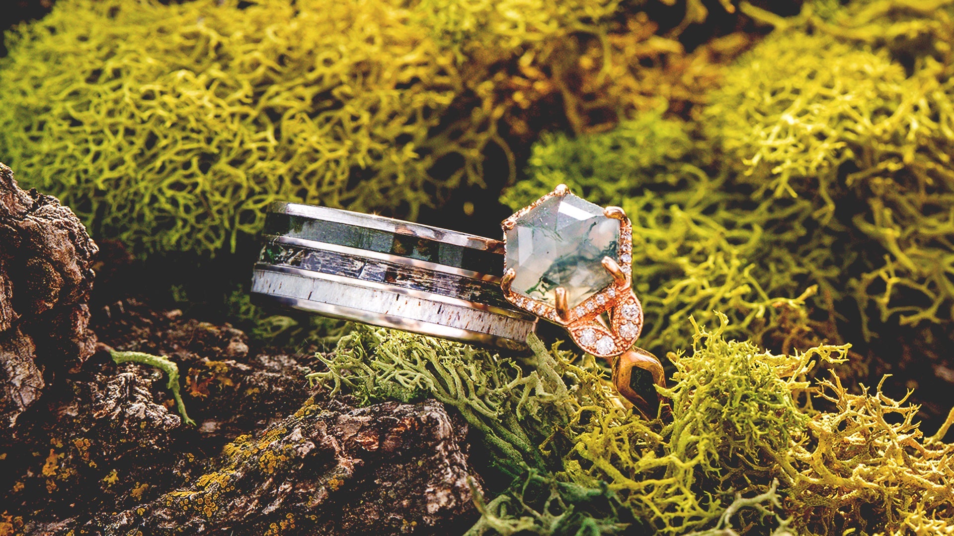 "LUCY IN THE SKY" - HEXAGON MOSS AGATE ENGAGEMENT RING WITH DIAMOND HALO, MOSS INLAYS & DIAMOND TRACER-27