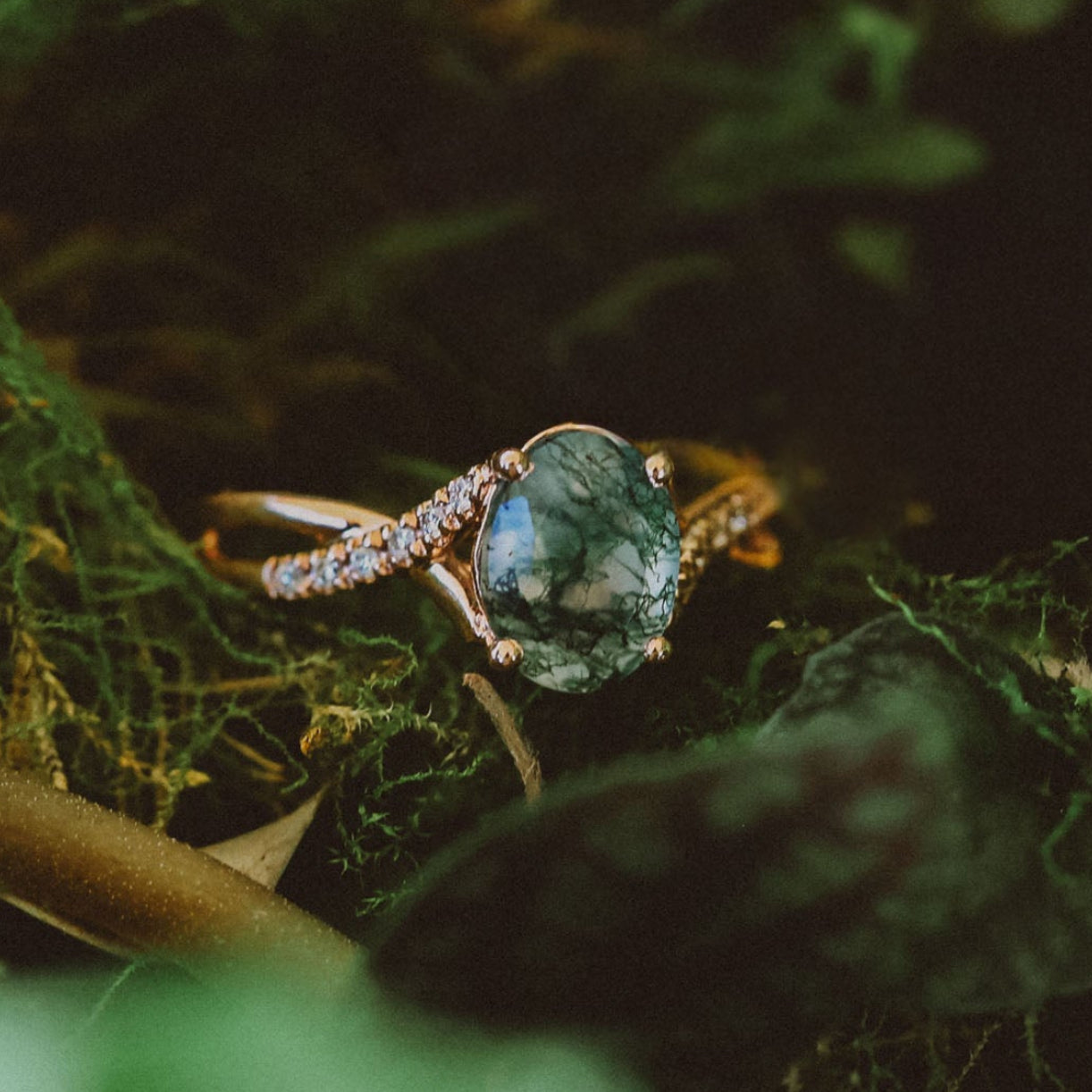 "Roslyn" - Oval Cut Moss Agate Engagement Ring With Diamond Accents-Staghead Designs