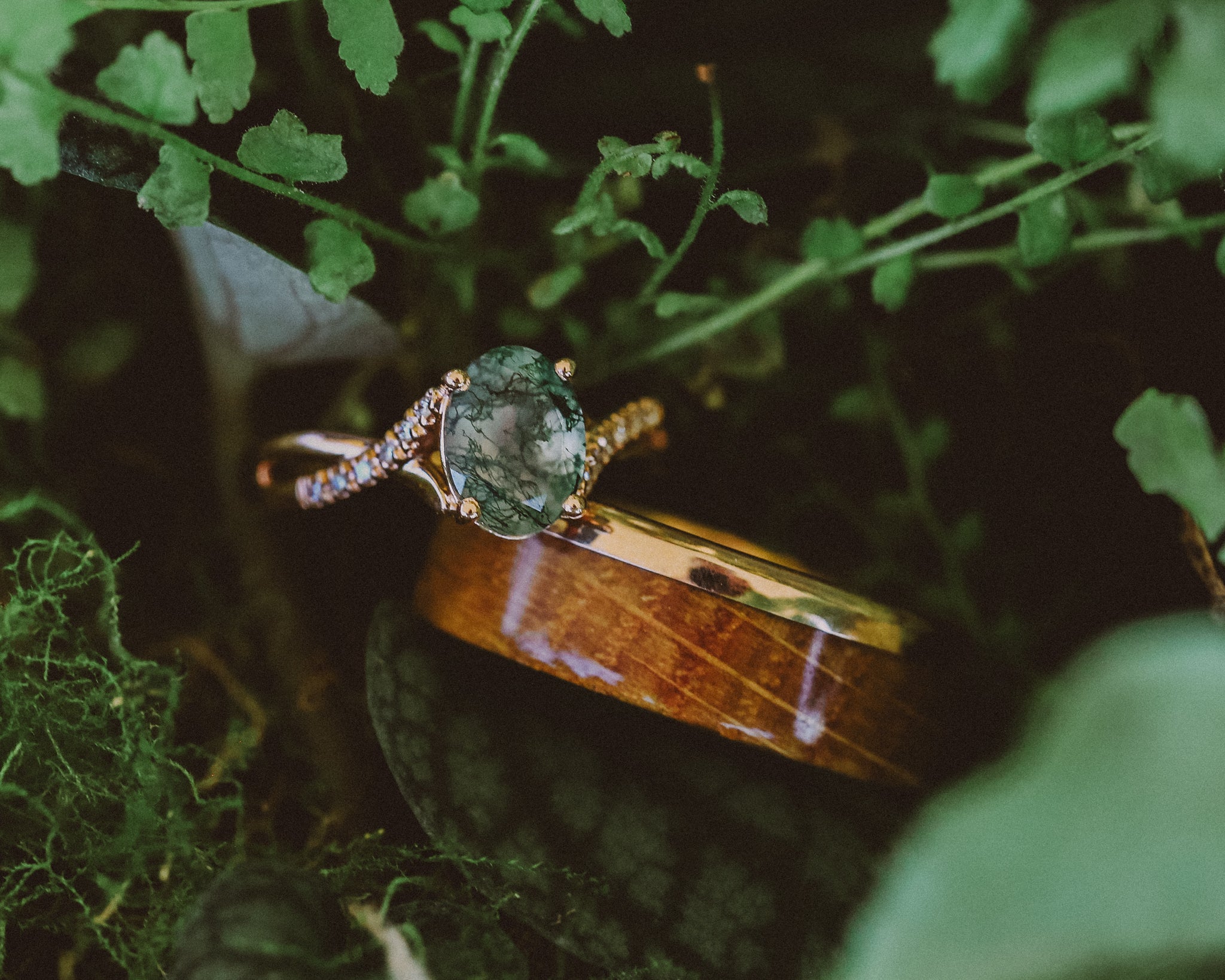 "ROSLYN" - OVAL MOSS AGATE ENGAGEMENT RING WITH DIAMOND ACCENTS - READY TO SHIP-Staghead Designs