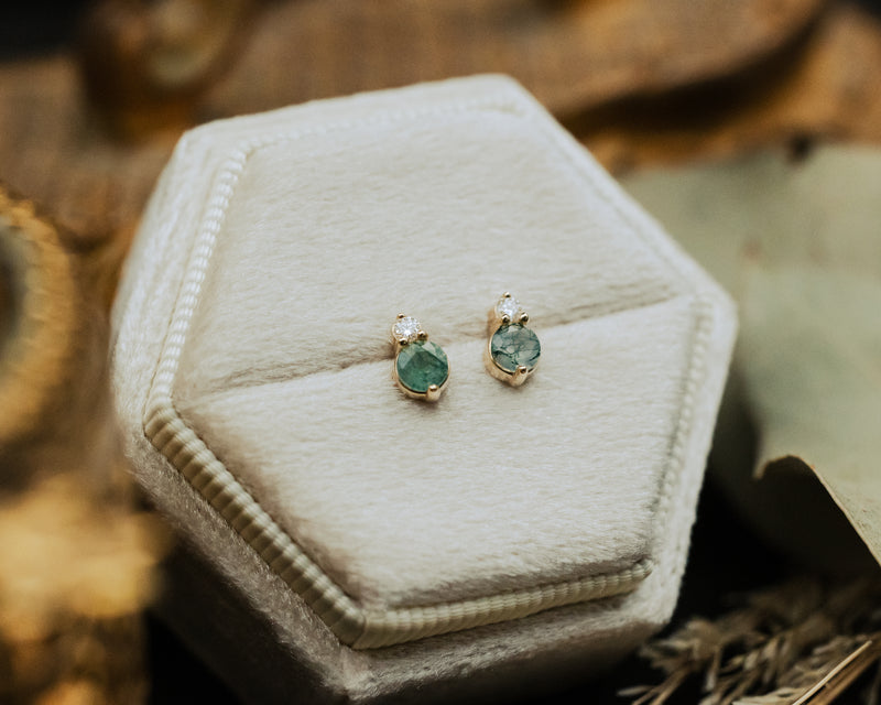 ROUND MOSS AGATE EARRINGS WITH DIAMOND ACCENTS-2