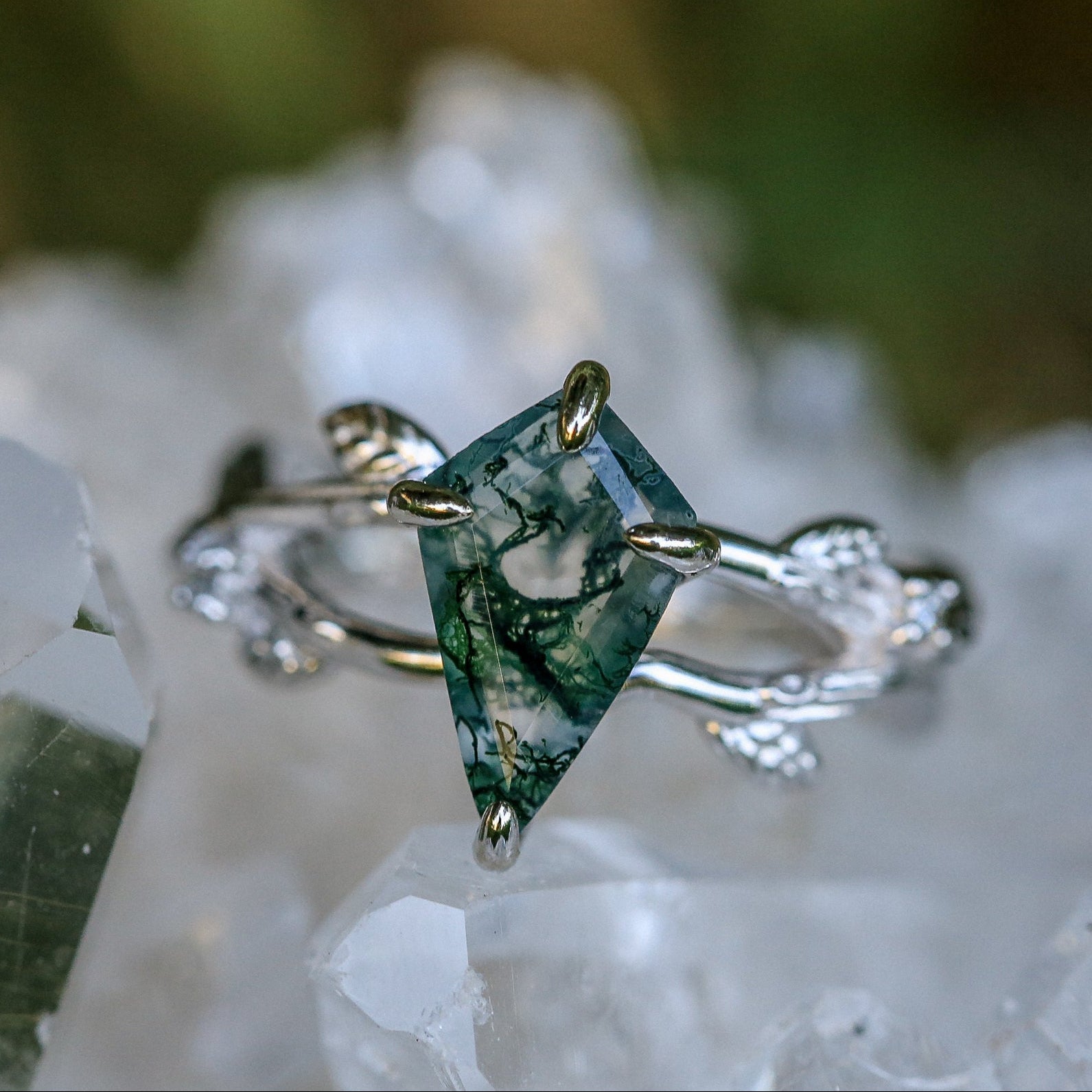 "ARTEMIS ON THE VINE" - KITE CUT MOSS AGATE ENGAGEMENT RING WITH DIAMOND ACCENTS - READY TO SHIP-Staghead Designs