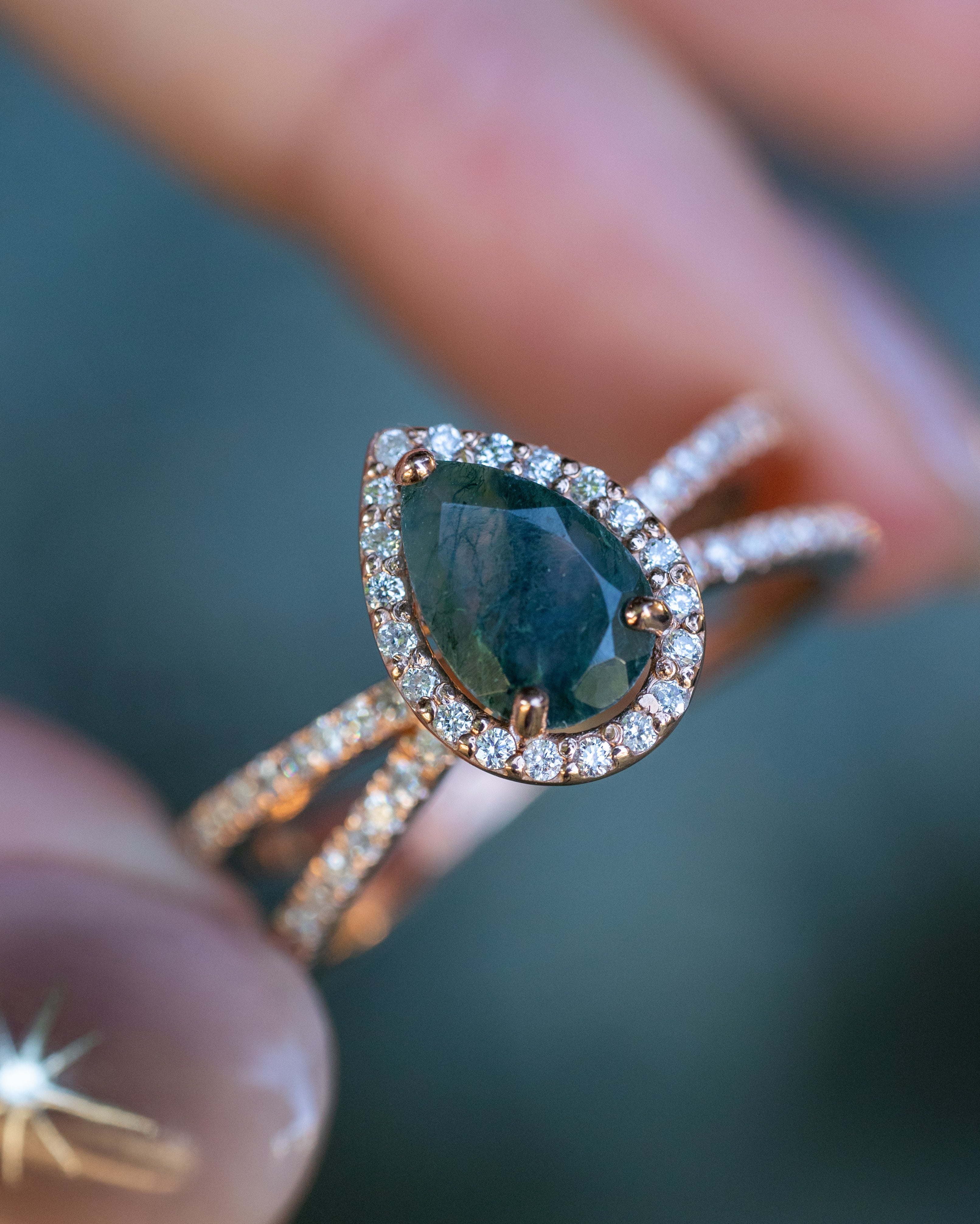"NALA" - PEAR-SHAPED MOSS AGATE ENGAGEMENT RING WITH DIAMOND HALO & ACCENTS - 14K ROSE GOLD - SIZE 9 1/4-Staghead Designs
