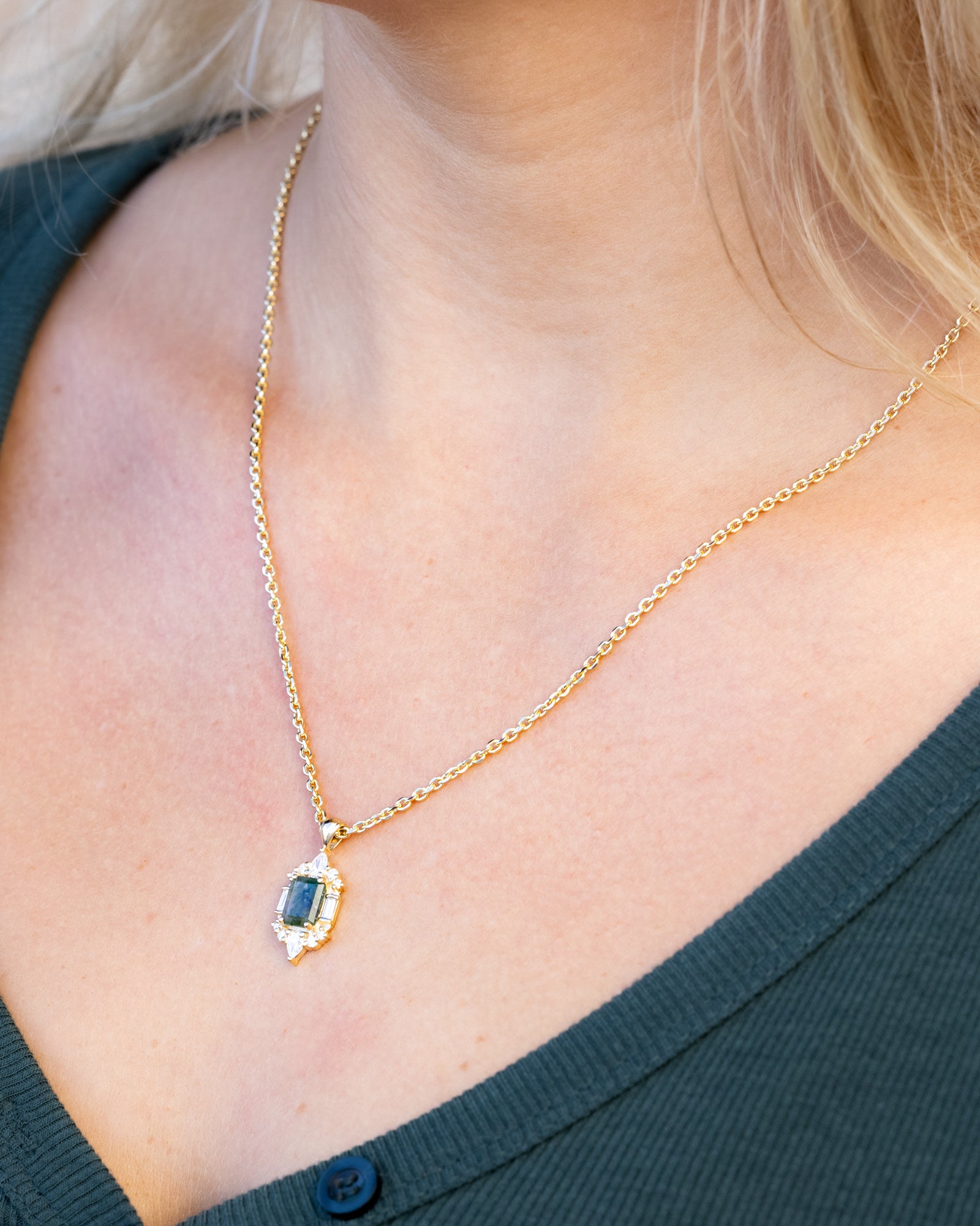 "NEFERTITI" PENDANT WITH EMERALD CUT MOSS AGATE AND DIAMOND HALO-Staghead Designs