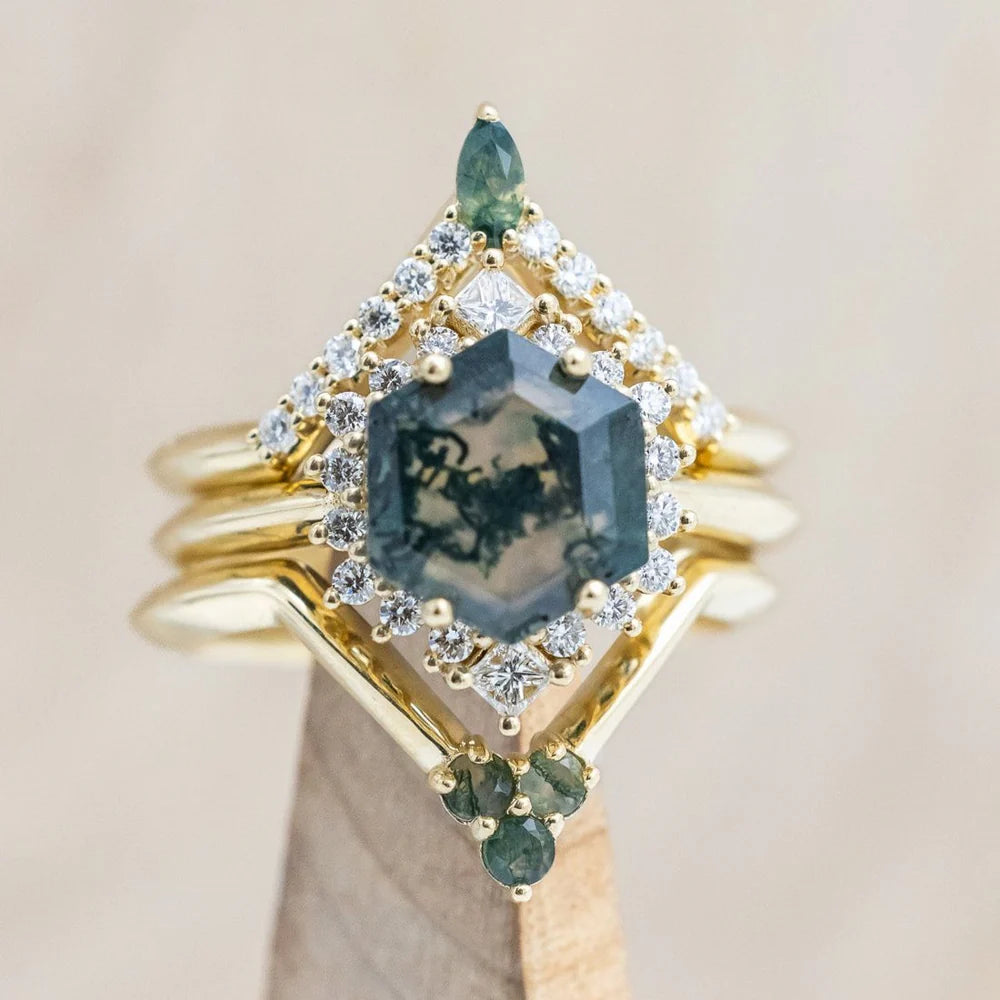 "NEREZZA" - BRIDAL SUITE - HEXAGON CUT MOSS AGATE ENGAGEMENT RING WITH DIAMOND ACCENTS - 14K YELLOW GOLD - SIZE 6-Staghead Designs