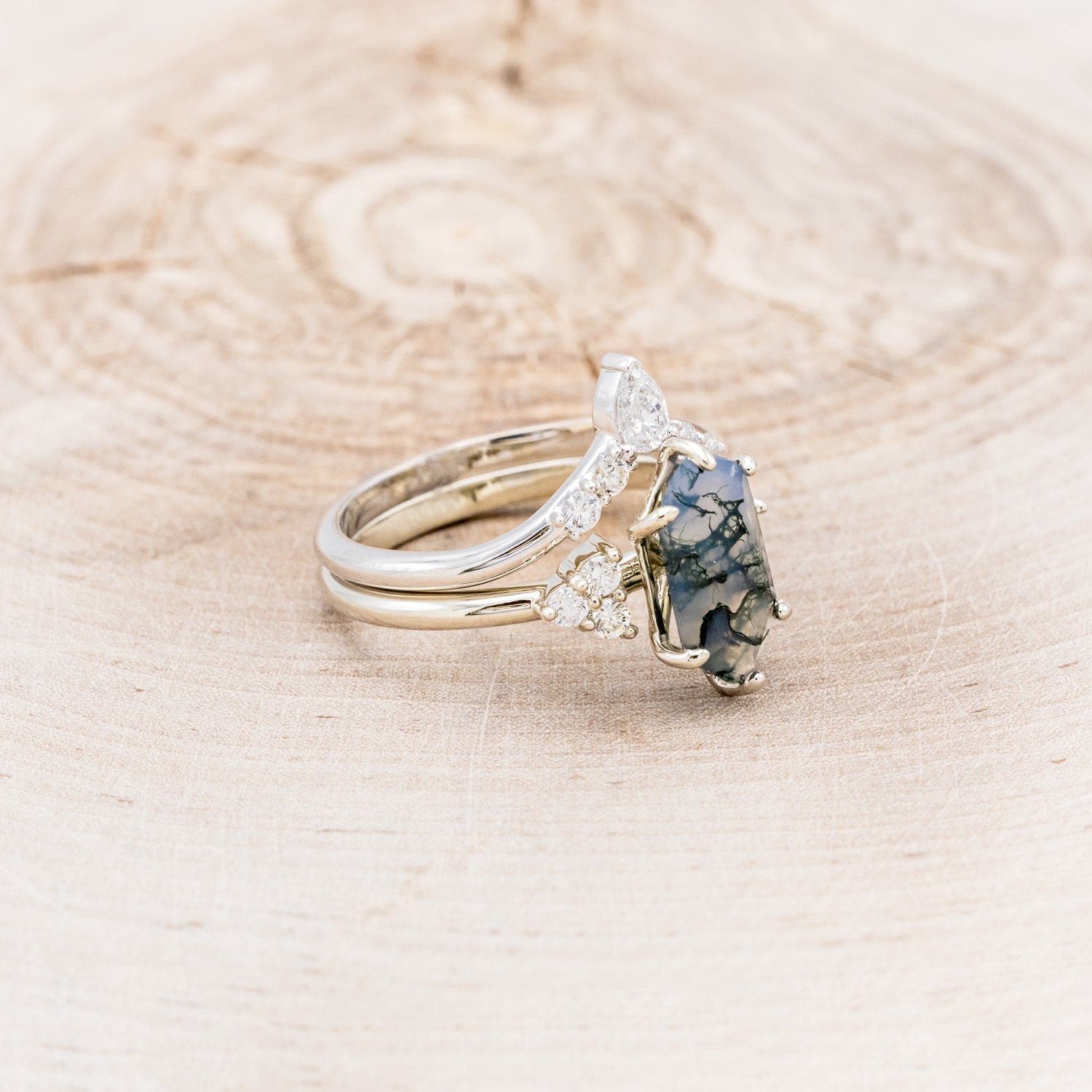 MATCHING SET OF "OCTAVIA" MOSS AGATE & TRACER WITH "DYAD" ANTLER & MOSS WEDDING RINGS-9