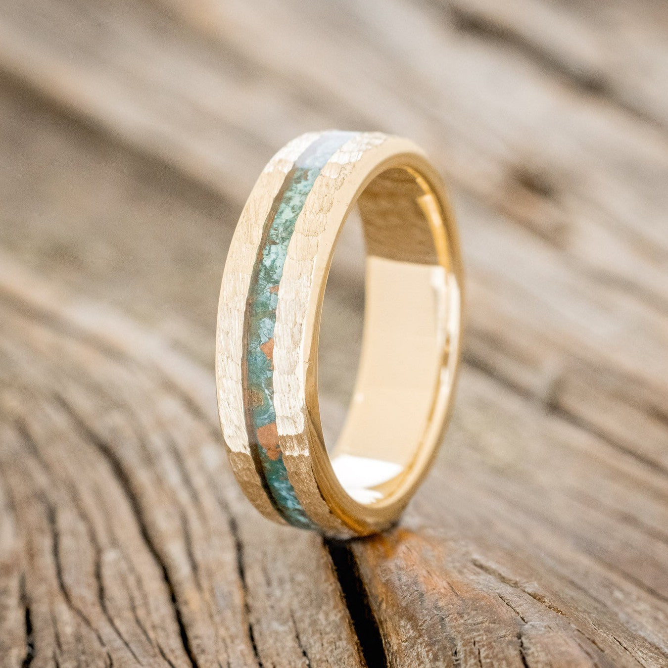"NIRVANA" - CENTERED PATINA COPPER WEDDING RING FEATURING A HAMMERED 14K GOLD BAND-1