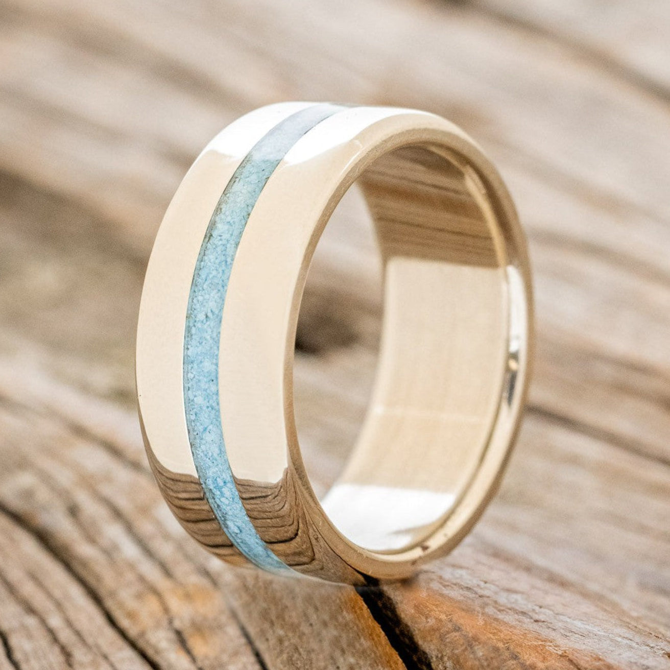 "NIRVANA" - CENTERED TURQUOISE WEDDING RING FEATURING A 14K GOLD BAND-1