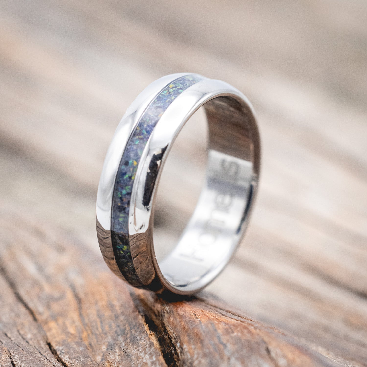 "NIRVANA" - DOMED WEDDING BAND WITH BLACK FIRE OPAL INLAY-Staghead Designs