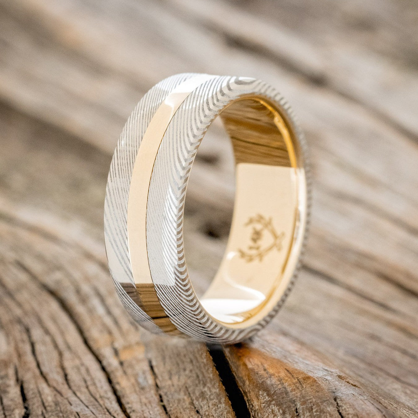 "NIRVANA" - ETCHED DAMASCUS STEEL & 14K GOLD INLAY WEDDING BAND-1