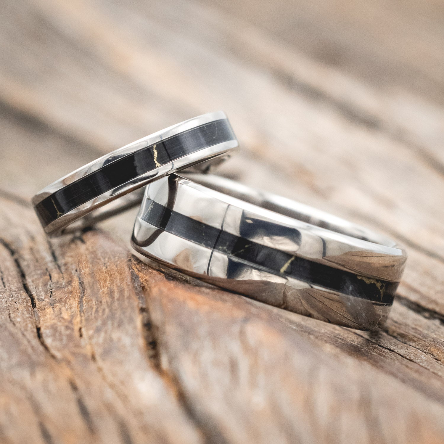 "NIRVANA" - MATCHING SET OF BLACK & GOLD MATRIX TRUSTONE WEDDING BANDS-Staghead Designs