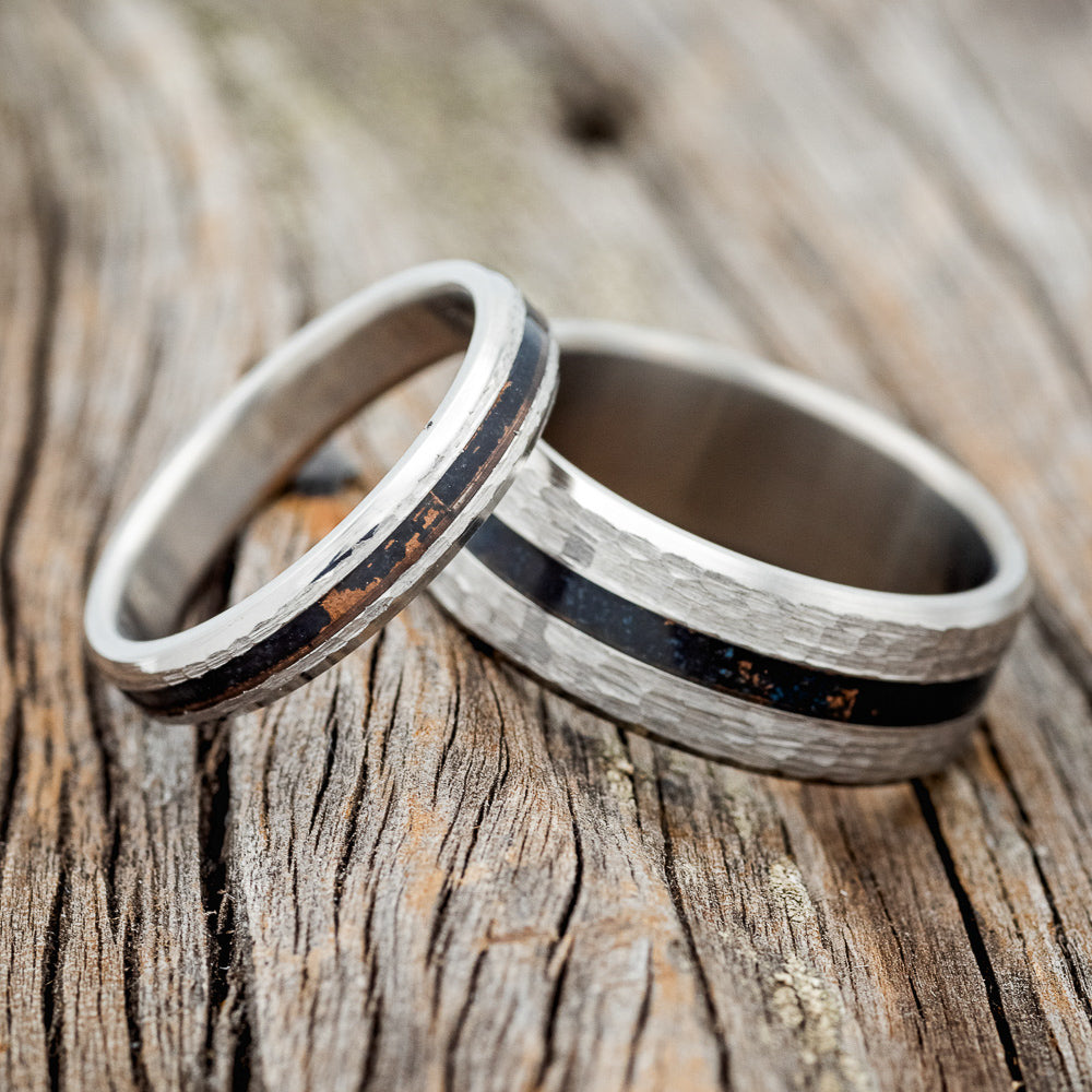 "NIRVANA" - MATCHING SET OF PATINA COPPER WEDDING BANDS WITH HAMMERED FINISHES-1