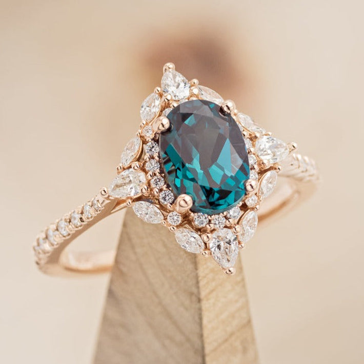 "NORTH STAR" - OVAL LAB-GROWN ALEXANDRITE ENGAGEMENT RING WITH DIAMOND HALO - EXPEDITED-1