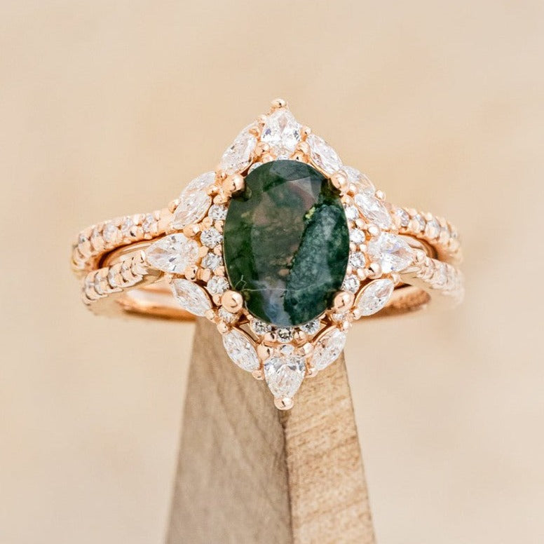 "NORTH STAR" - OVAL MOSS AGATE ENGAGEMENT RING WITH DIAMOND HALO, DIAMOND ACCENTS, & A DIAMOND TRACER-1