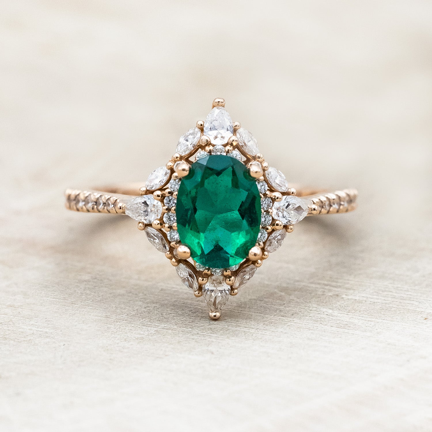 "North Star" - Oval Lab-Grown Emerald Engagement Ring With Diamond Halo & Black Diamond Accents-Staghead Designs