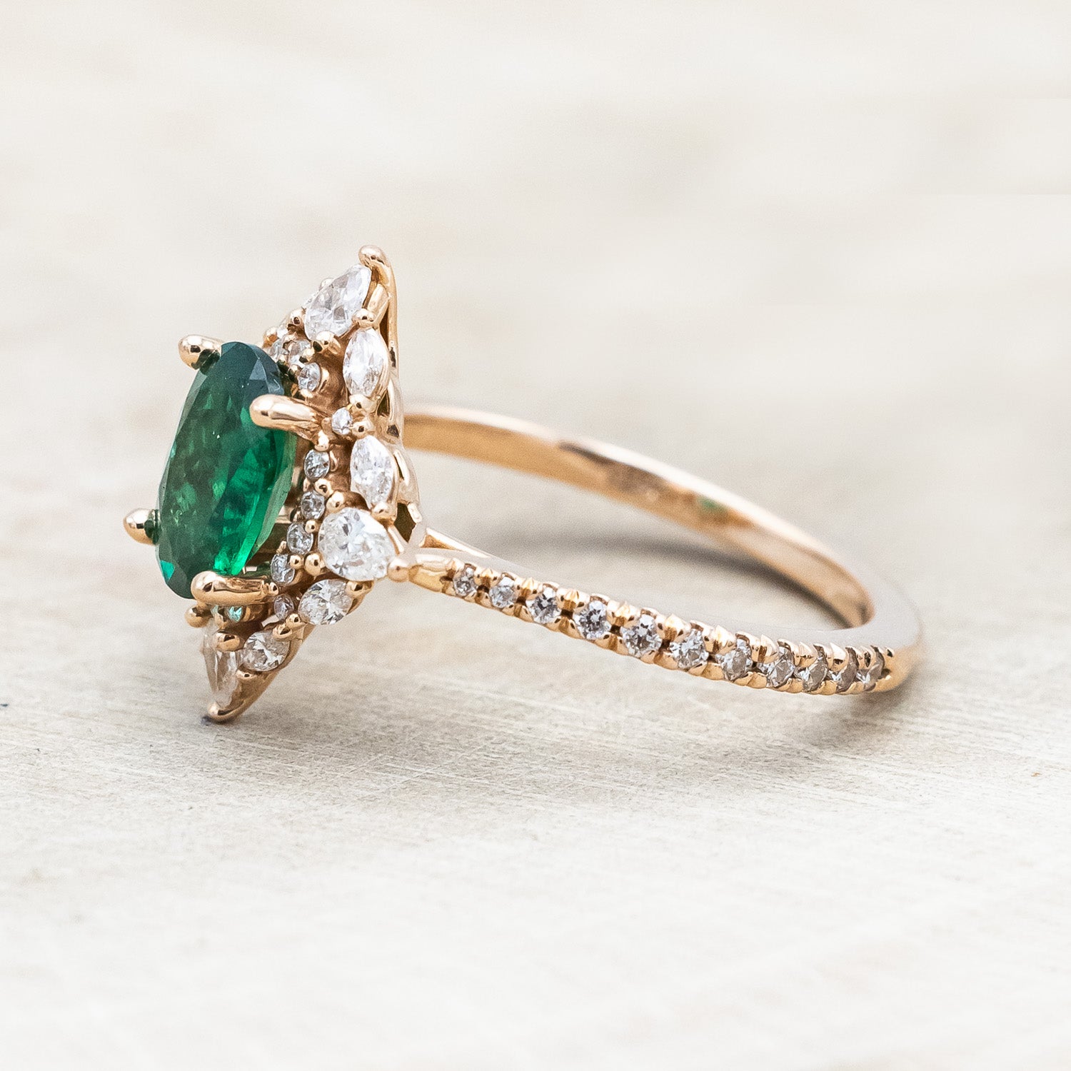 "North Star" - Oval Lab-Grown Emerald Engagement Ring With Diamond Halo & Black Diamond Accents-Staghead Designs
